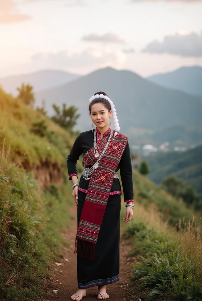 A mid shot of young woman dressed in traditional laos luangprabang attire,

standing pose,carrying a barefoot 

showcasing the intricate designs on her dress,colorful geometric patterns,and silver accessories.,

setting of northern laos mountain peaks. The scene features a misty atmosphere with a chilly,serene morning vibe,surrounded by lush greenery and distant hills,under a partly cloudy sky.,

The warm sunlight enhances the earthy tones of the scene,while gentle fog on moutain,

The mood is warm and inviting,highlighting the authenticity and charm of traditional laos