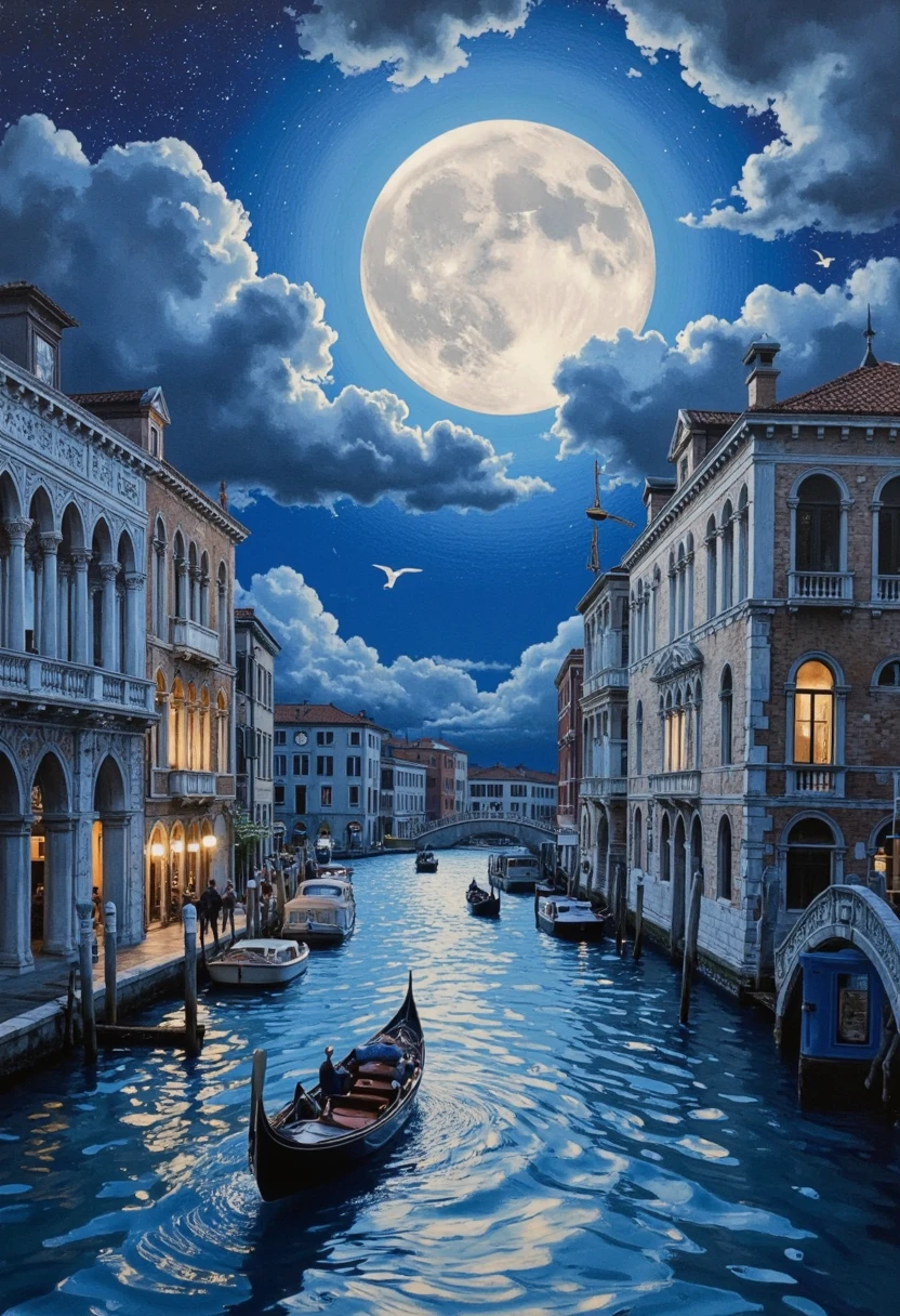 A world of blue sapphire color, a world where everything is blue, a scene of the waterways of Venice illuminated by a huge full moon, fusion of watercolor, acrylic and collage, conceptual installation art