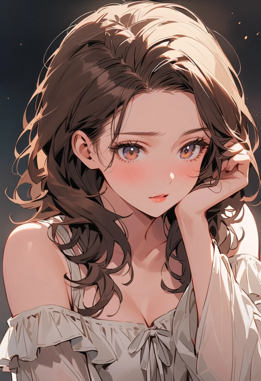 sam yang, 1girl, back, bare shoulders, blue eyes, brown hair, earrings, freckles, jewelry, lips, long hair, looking at viewer, looking back, necklace, off the shoulder, parted lips, portrait, day, depth field, soil, ((masterpiece))