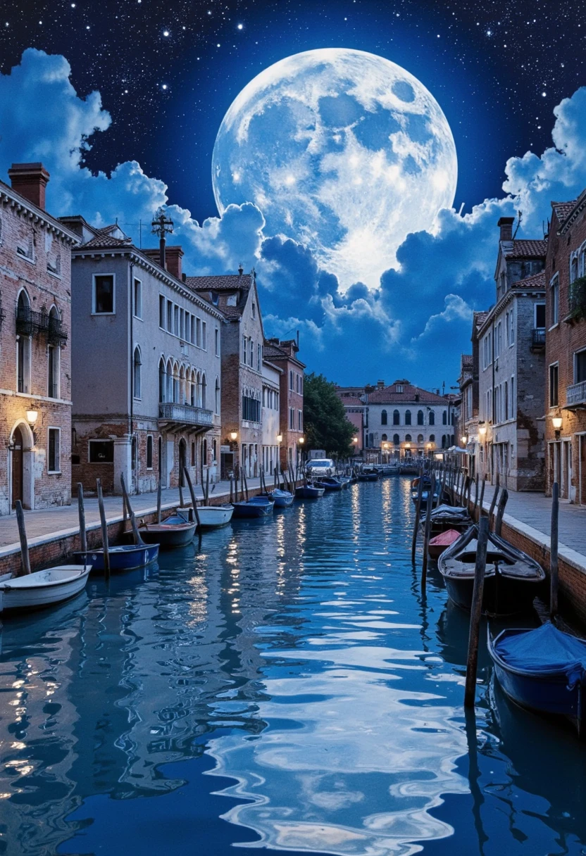 A world of blue sapphire color, a world where everything is blue, a scene of the waterways of Venice illuminated by a huge full moon, fusion of watercolor, acrylic and collage, conceptual installation art