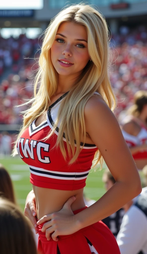 age 18, blue eyes,( Masterpiece, 4k resolution, ultra-realistic, very detailed) blonde hair, long blonde hair, wearing sexy college cheerleader uniform, skirt, standing in bleachers at a crowded college football football game, cheering her team, football field background, curvy body, wide hips, blue eyes, smiling, large round fake breasts, hands on her hips, stomach showing, heavy makeup