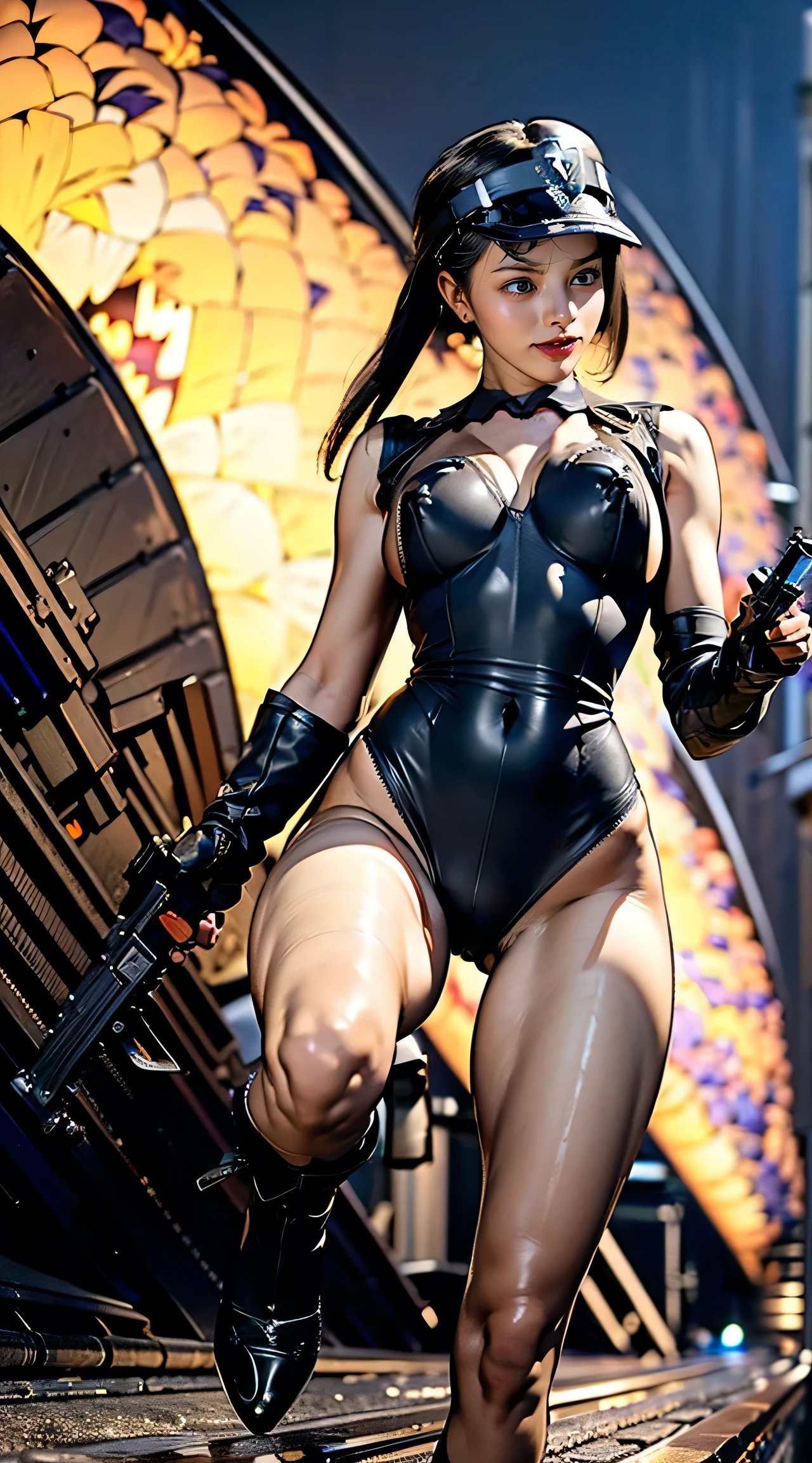 (  muscularity:1.7), (  thighs:2), (Cammy, Black hair with bangs :1.5),  Beautifully Marked  ,   detail eyes ,  detailed skin,  red lips,  eyeshadow, ( Big Breasted :1.6), Hard nipples, ( large areolas  ),( underboob:1.7),( sleeveless black leotard in the style of a Nazi army,  gloves,  WWII era German black leather hat :1.5), (Upper body view), (  on Panett ), (¾ views  ), Backstreets,  rim lighting ,  two-tone lighting ,   Dim Illuminations   ,((  spread your legs)),((   Hold Your Knees on the Ground  )),(( holding Walther P38 in hand :2.0)), in the middle of the night in a burning European city 