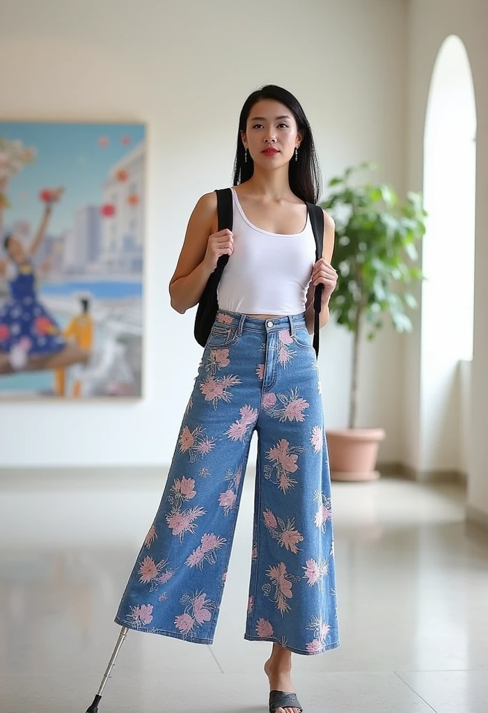 high quality photo of a slim, young, amputee woman with  pegleg. She is dressed in a long  blue floral palazzo pants with wide pantlegs. the pegleg is hidden under pants, only lower part with tip is seen at foot level. She has a city backpack. she is standing  on her pegleg in the gallery.  full shot from front