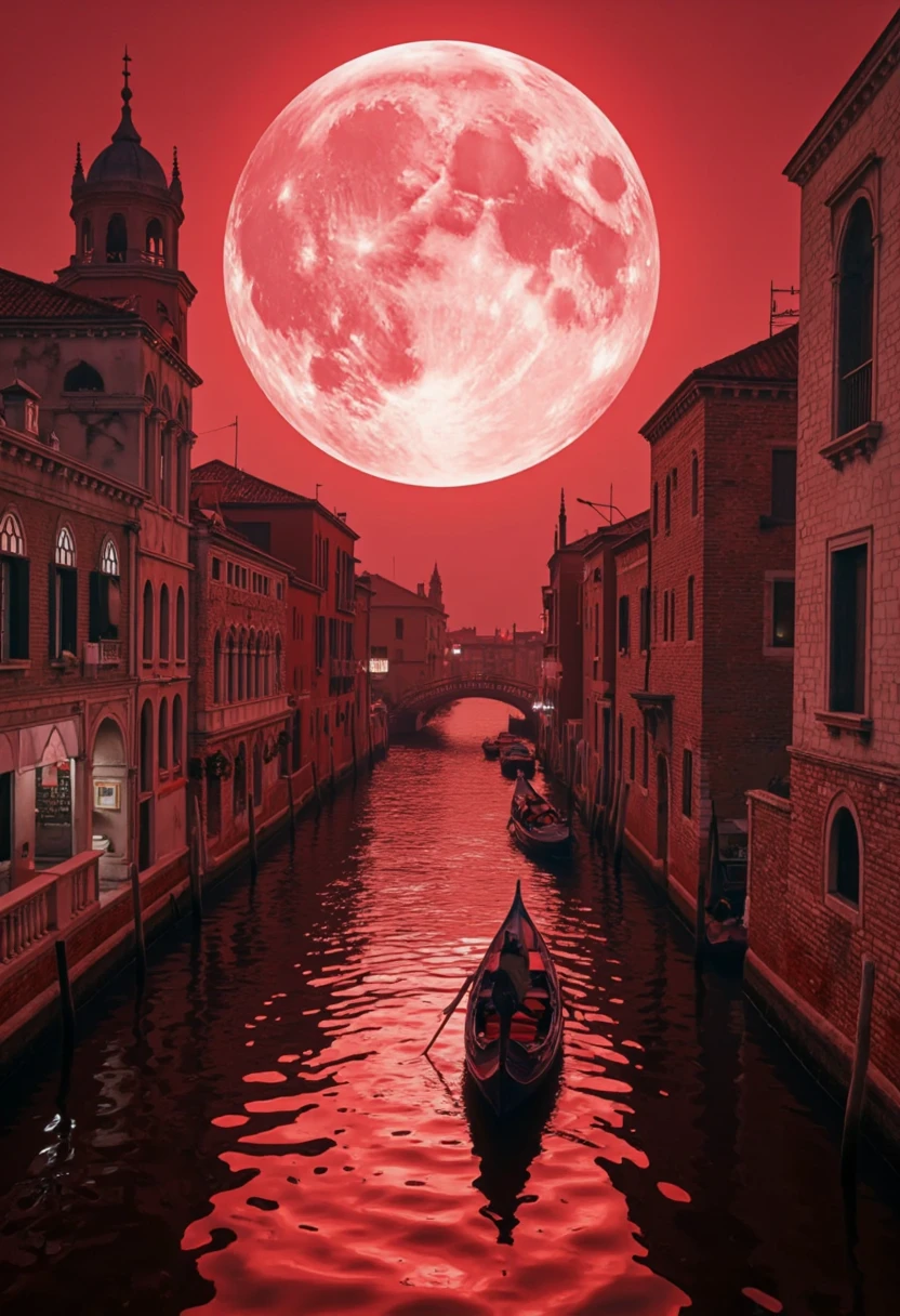 A world of crimson, a world where everything is red, a scene of the waterways of Venice illuminated by a huge full moon, fusion of watercolor, acrylic and collage, conceptual installation art