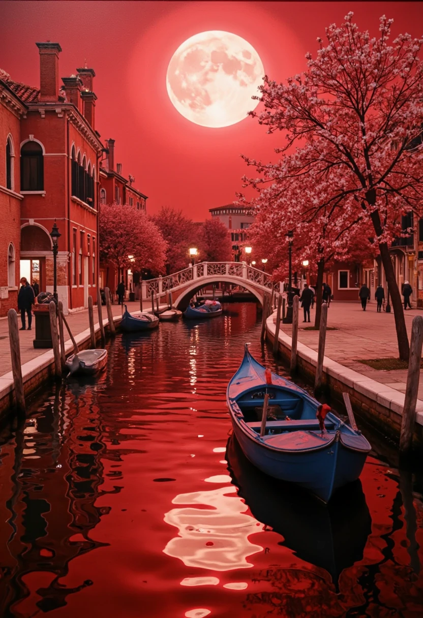 A world of crimson, a world where everything is red, a scene of the waterways of Venice illuminated by a huge full moon, fusion of watercolor, acrylic and collage, conceptual installation art