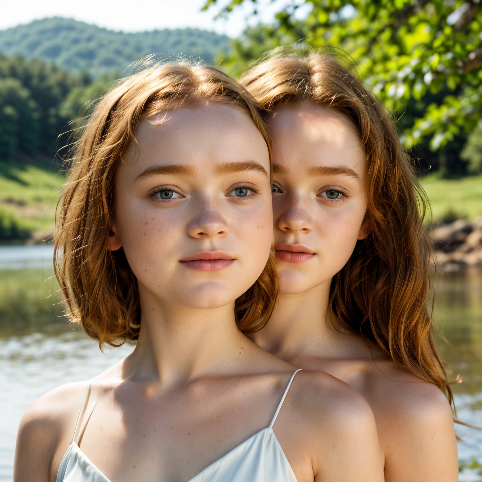 (photorealism:1.2), ((cute young Sadie Sink and her ****** sister kissing on the lips)), pretty smile, sweet flowers in their hair, ((fully naked)), ((standing on the bank of a lake on a hot sunny day)), ((high gloss well-oiled shiny smooth skin)), ((three quarter body length)), ((close view)), ((NSFW)), ((photo-realistic skin)), ((natural bright sunlight)), ((photo-realistic light and colour)), ((front view))