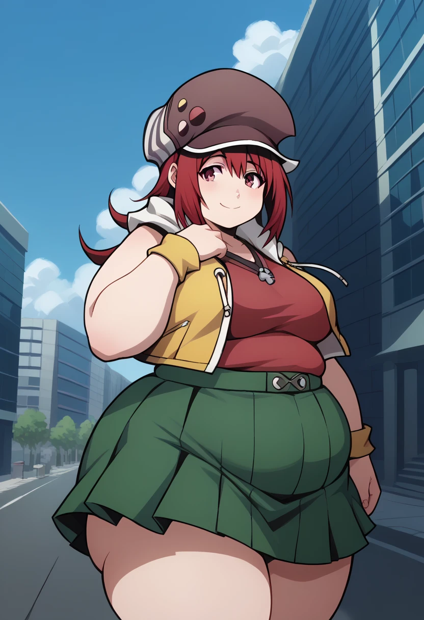 score_9, score_8_up, score_7_up, source_anime, highly detailed,  
shikimisaki(big fat body), 1girl, solo, hat,  cabbie hat, red hair, red eyes, jacket, yellow jacket, sleeveless jacket, open jacket, open clothes, red shirt, wristband, yellow wristband, smile, green skirt,
outdoor, street, building, sky, cloud,(clothes that fit your big, fat body size).