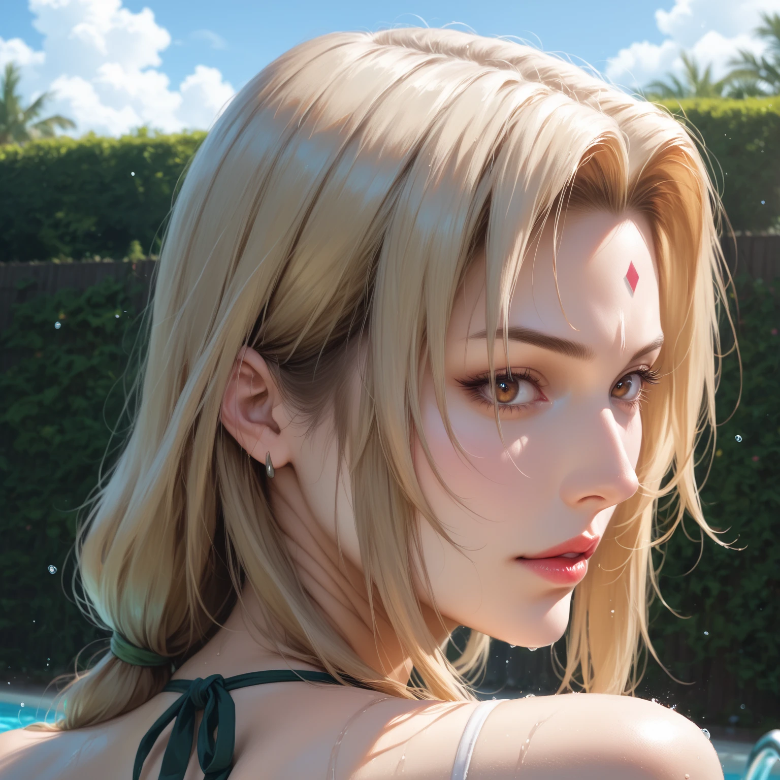 score_9,score_8_up,score_7_up,high res image,masterpiece,best quality,(realistic:1.2),mature female,Tsunade,(bikini:1.2),(from_back:1.3),(sitting by the pool:1.3),