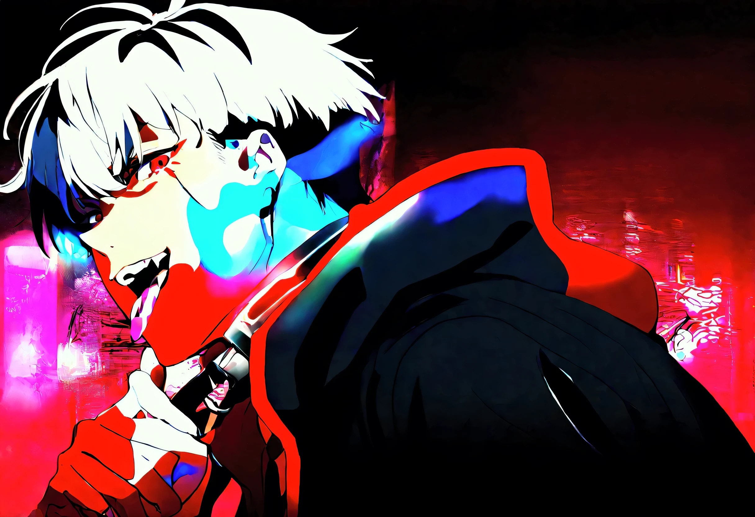 attractive hot anime male with black and white hair and red eyes looking crazy and angry with his tongue out with his hand gripping his collar of his cyberpunk hoodie with a plain red trippy background