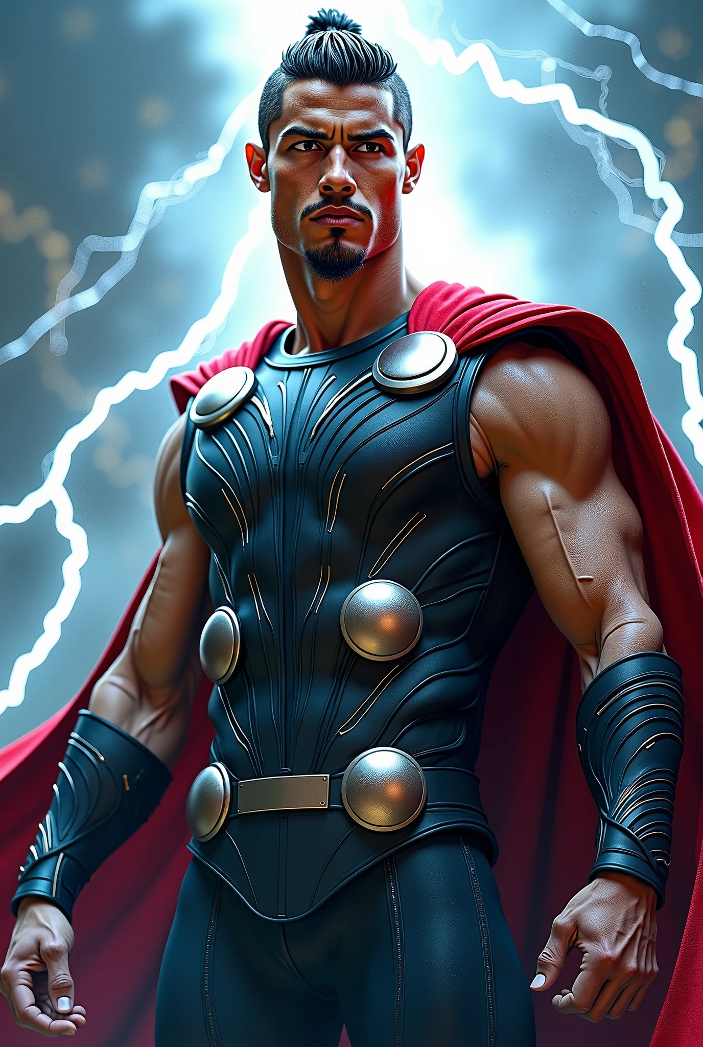 The superhero ‘Psychic Man’ is an absolute muscle colossus. Broad shoulders and bulging traps. Packed with dense, striated muscle. He wears a large emerald jewel set into a thick gold necklace. He stands tall and intimidating. His eyes glow bright green as he channels his psychic powers