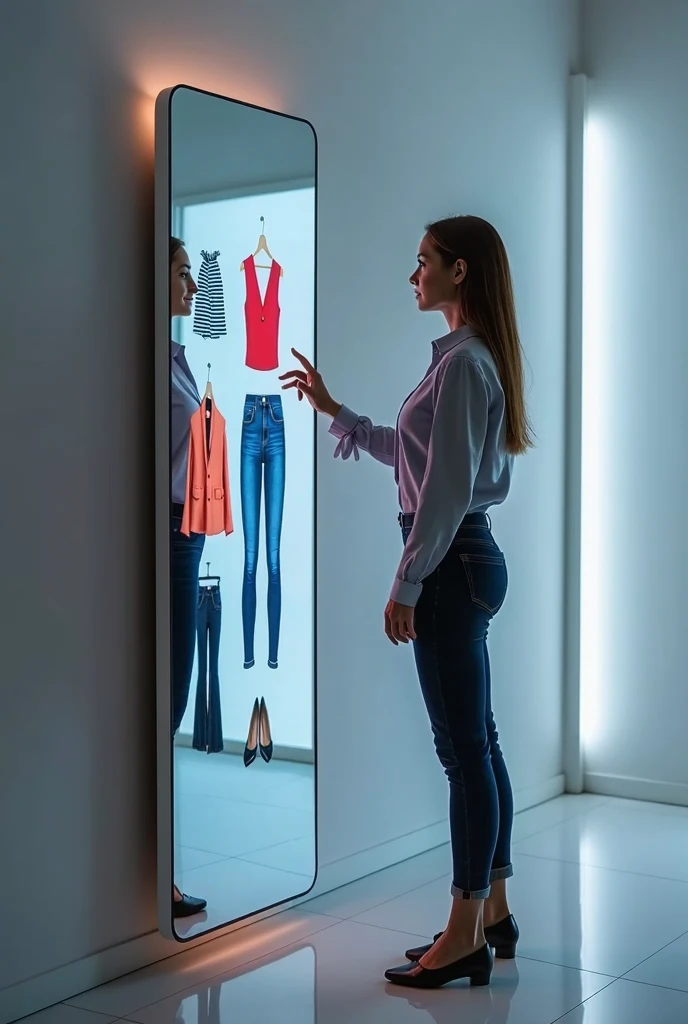 Technological mirror that has a technological door with a camera that scans your face and a keyboard on its screen to enter information about the day and the event to help you choose the best outfit for you to wear