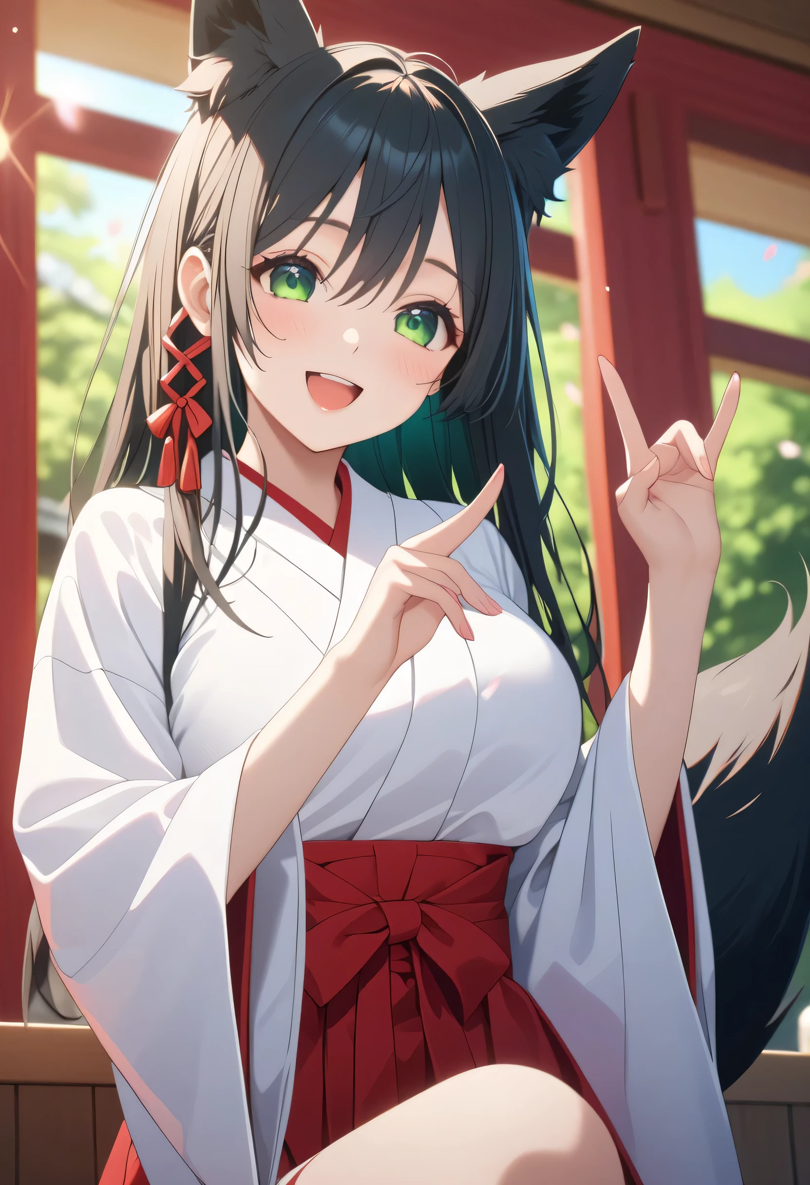 ((ultra-detailed)), (highly detailed CG illustration), (best quality:1.2), ultra-highly detailed, colorful composition, artistic photoshoot, score_9, score_8_up, 1girl, solo focus, amagamiyae, from below, 1girl, fox_ears, black hair, green eyes, red ribbon, hair ribbon, fox_tail, japanese clothes, miko, hakama skirt, red hakama, white kimono, ample breasts, wide sleeves, looking at viewer, happy smile, open mouth, drunk, dancing, double_fox_shadow_puppet, hands_up, torii, shrine, portrait, depth of field, soft lighting, sidelighting, (shine), lighting, caustics, ray tracing, smile, perfect face, lustrous skin, highly detailed face, highly detailed eyes, perfect face, perfect nose, perfect hair, perfect eyes, perfect anatomy, beautiful hair, beautiful small face, extremely detailed face, beautiful detailed eyes, beautiful clavicle, beautiful body, beautiful huge breasts, leavage, breasts squeezed together, equalize the size of the left and right breasts, beautiful thin thighs, beautiful legs, beautiful fingers, 4 fingers, 1 thumb, lovely, (very detailed background:1.0), (highly detailed background:1.0), spring aesthetic, intricate details, joyful atmosphere, spring colors palette, chromatic aberration