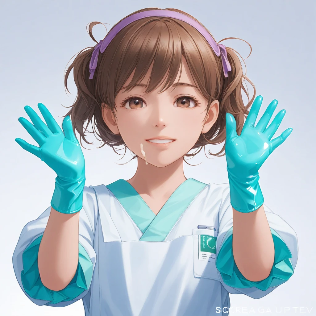 anime, ((surgical outfit)), ((tight surgical gloves)), (( cream color latex gloves )), ( Long Sleeve ), Alone, Realistic physique, anatomically correct fingers, correct finger count