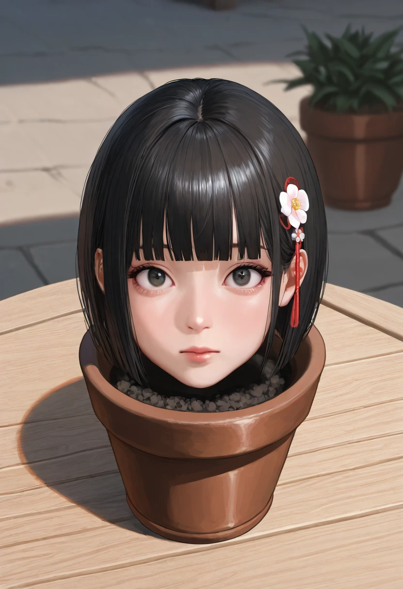 high resolution picture, realistic, masterpiece, best quality, amazing quality, very aesthetic, absurdres, newest, intricate details, extremely detailed, professional lighting, 1girl, solo focus, (disembodied head of a young Japanese woman in a (flower-pot) on the table:1.2), face focus, close-up of her head, short bob cut black hair with thick blunt bangs, hair flower s, detailed face, detailed eyes, sophisticated nose, [view from above], looking at the viewer, outdoors, daylight, tomak,