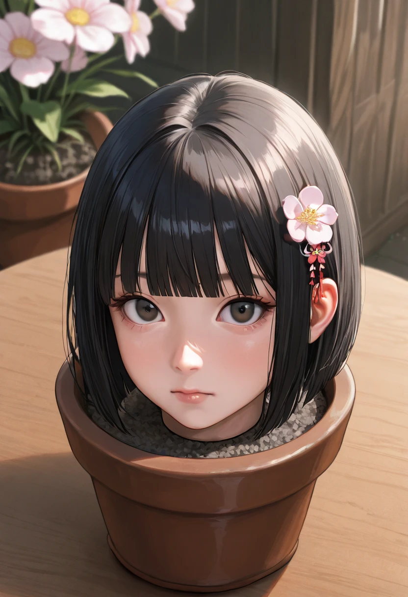 high resolution picture, realistic, masterpiece, best quality, amazing quality, very aesthetic, absurdres, newest, intricate details, extremely detailed, professional lighting, 1girl, solo focus, (disembodied head of a young Japanese woman in a (flower-pot) on the table:1.2), face focus, close-up of her head, short bob cut black hair with thick blunt bangs, hair flower s, detailed face, detailed eyes, sophisticated nose, [view from above], looking at the viewer, outdoors, daylight, tomak,