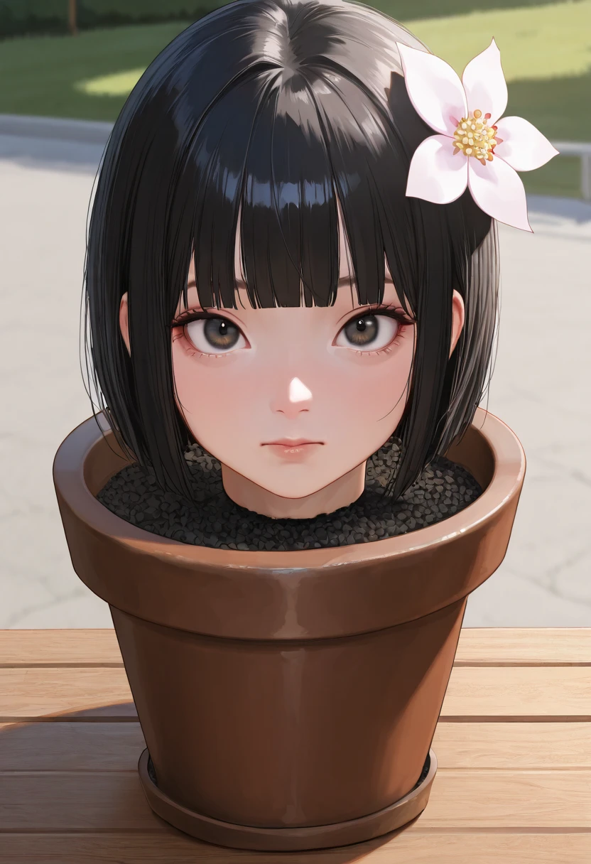 high resolution picture, realistic, masterpiece, best quality, amazing quality, very aesthetic, absurdres, newest, intricate details, extremely detailed, professional lighting, 1girl, solo focus, (disembodied head of a young Japanese woman in a (flower-pot) on the table:1.2), face focus, close-up of her head, short bob cut black hair with thick blunt bangs, hair flower s, detailed face, detailed eyes, sophisticated nose, [view from above], looking at the viewer, outdoors, daylight, tomak,