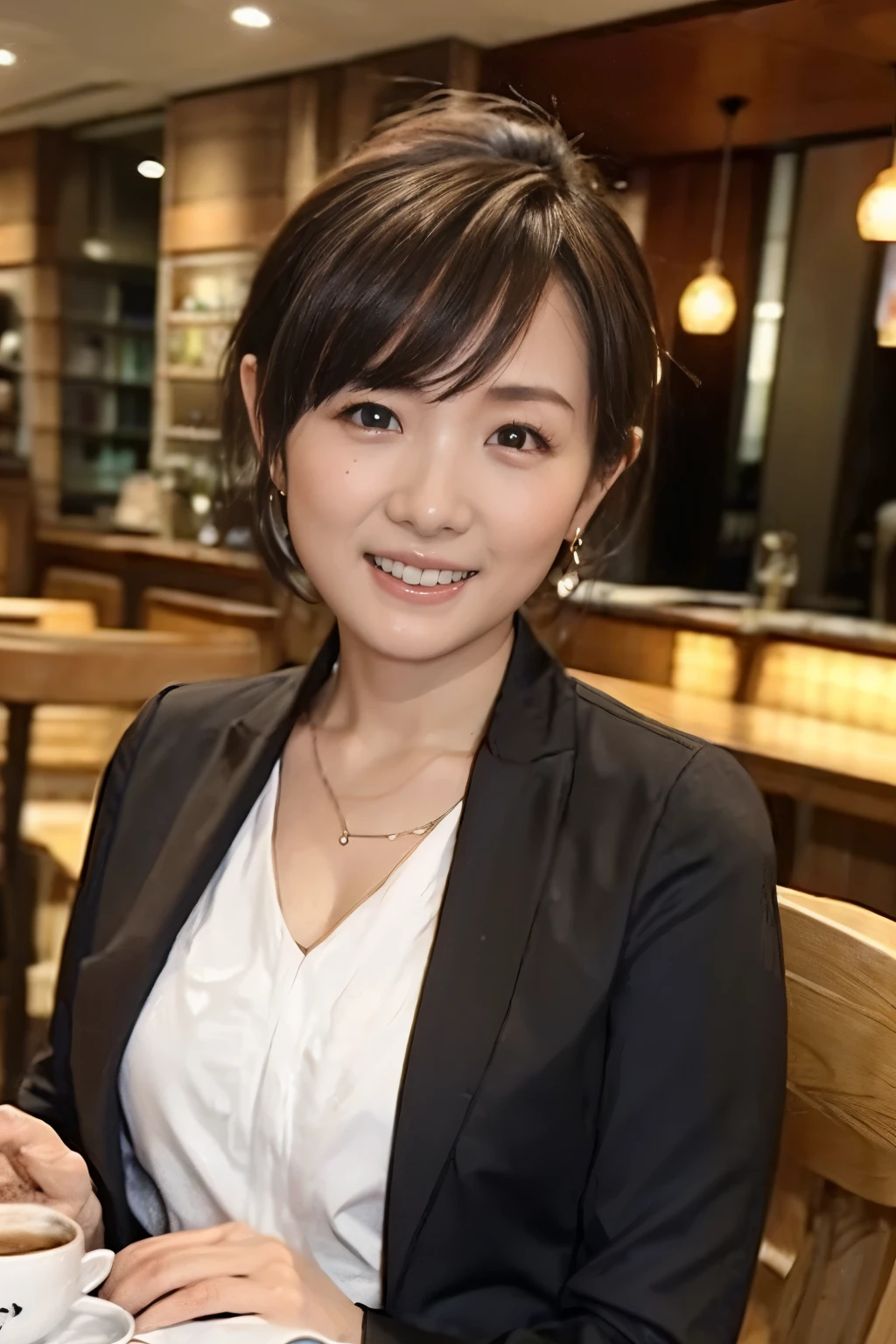 ( top quality , 8k, 32K, Masterpiece, Ultra-Fine:1.2), has a microphone 、 Cute Japanese girls , オープンCafe、 short black hair ,、bangs, 、 slender body、 slender body、Thin arms、Age 25、 thin waist, Cafe、 coffee、Cafe椅子に座って coffee、Mister、 business suit