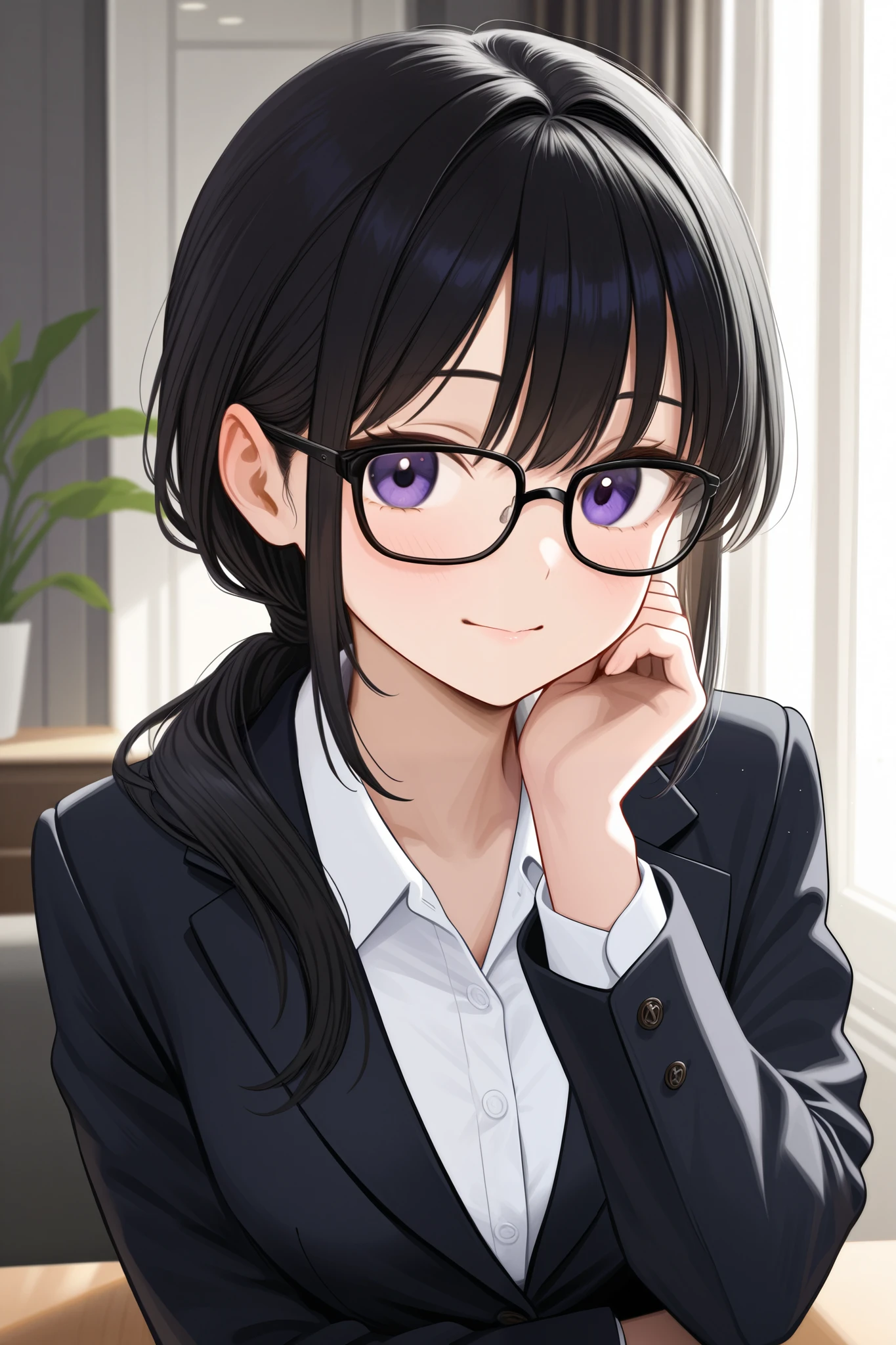 A young woman with glossy black hair styled in a loose, short low ponytail. She has a gentle and approachable expression, wearing black-rimmed glasses. Her outfit consists of a sleek blazer and a neatly buttoned blouse, exuding a professional secretary look. The setting is a modern and elegant CEO's office, with large windows, minimalistic furniture, and soft natural lighting. The overall color palette is warm and sophisticated, highlighting her professionalism and approachable nature
