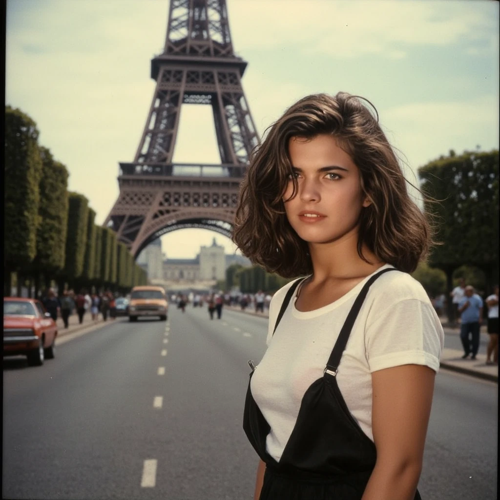 A polaroid photograph of a young Italian teenager, upturned nose, straight long hair, dressed in a white T-shirt and a black high closure long dress standing in a street in Paris, with the Eiffel tower in the background, in the early 1980s, photorealistic, 1girl, bokeh, high quality, detailed features, photo-realistic, realistic, 4k, 8k, highres, indirect gaze, Polaroid, cinematic photo, photo from a family album, beautiful hyperrealism hyperdetailed, dressed in clothes