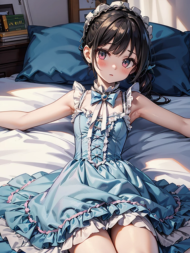 lighting like a movie、Cute camidress girl with ruffles、Private room、Cleavage is exposed、Sit on the bed、embarrassed from、with spreading legs、Spread your crotch、panties small、