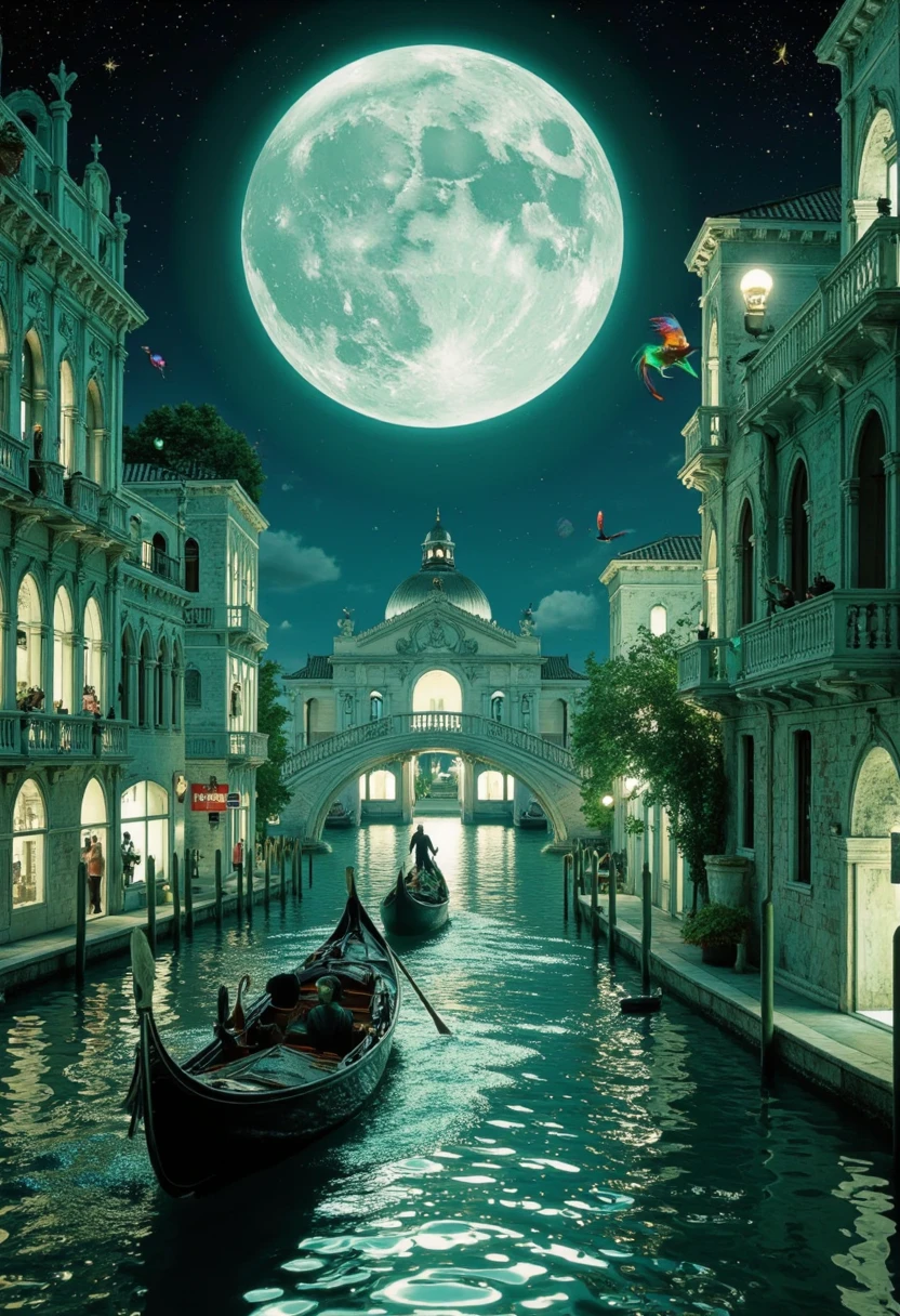 A world of emerald color, a world where everything is iridescent green, a scene of the waterways of Venice illuminated by a huge full moon, fusion of watercolor, acrylic and collage, conceptual installation art