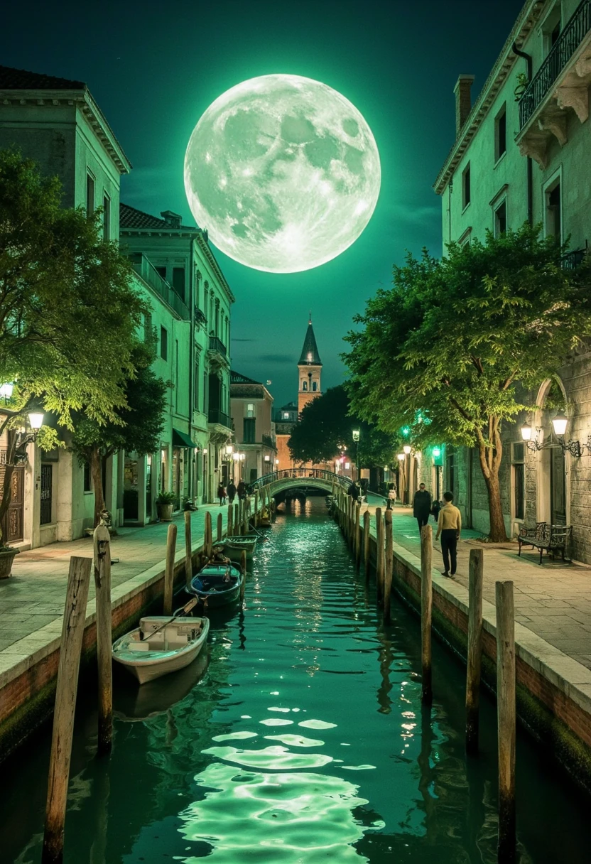 A world of emerald color, a world where everything is iridescent green, a scene of the waterways of Venice illuminated by a huge full moon, fusion of watercolor, acrylic and collage, conceptual installation art