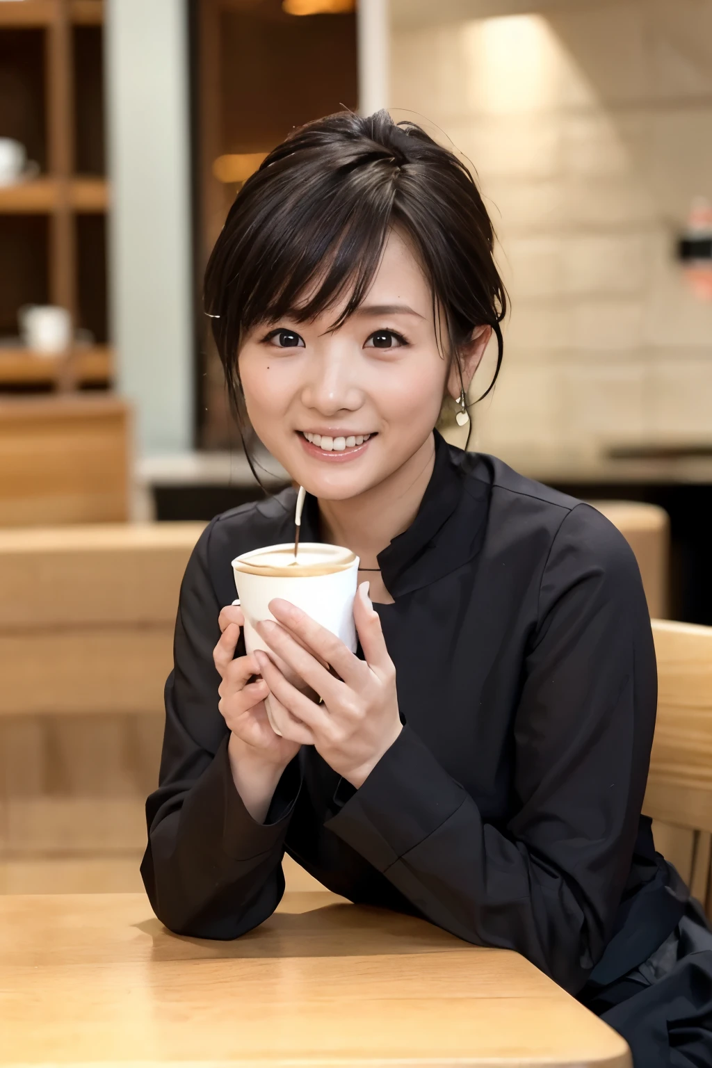 ( top quality , 8k, 32K, Masterpiece, Ultra-Fine:1.2), has a microphone 、 Cute Japanese girls , Stylish opening、 short black hair ,、bangs, 、 slender body、 slender body、Thin arms、Age 25、 thin waist, Cafe、 drinking coffee、Cafe椅子に座って drinking coffee、Mister、 casual suit