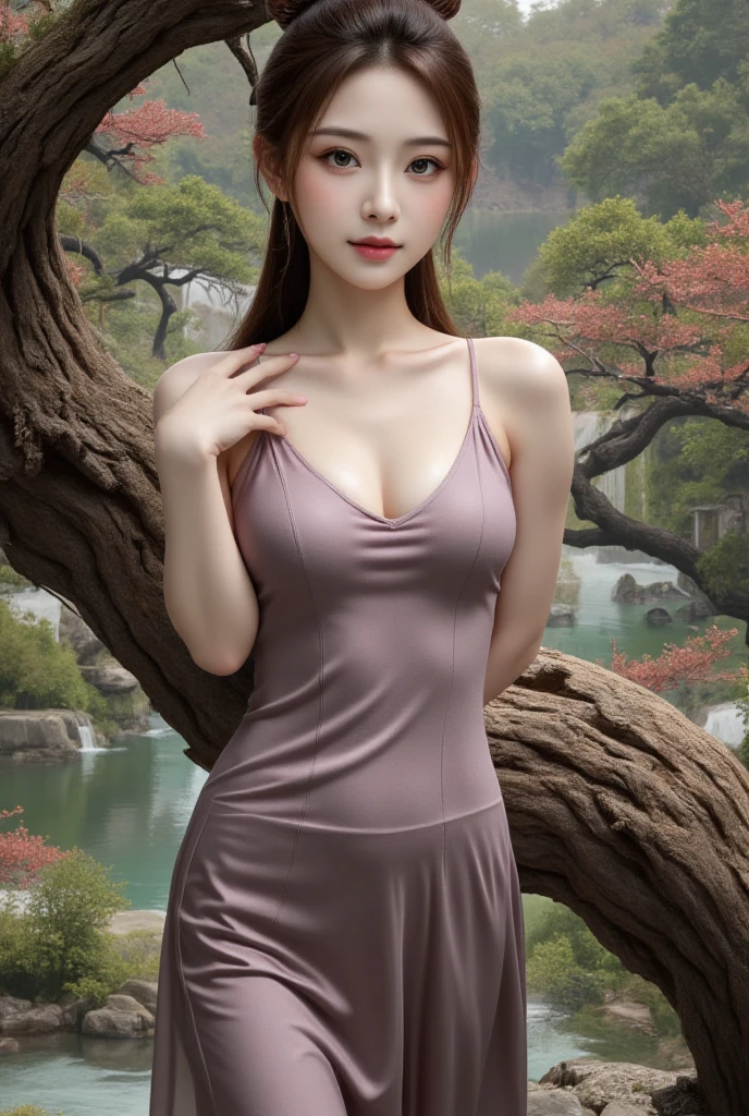 Beautiful  young girl looking at viewer wearing red top dress, in garden, realistic graphics, wearing a beautiful necklace, wavering at viewer, nice figure, beautiful organic photography  ,graphic focus on girl at the center of graphics photoshot ,red colors dress ,wavering at viewer, full-body photoshot rendering graphics,complete body collection, sakura blossoms, sitting under a tree ,beautiful legs and waist 