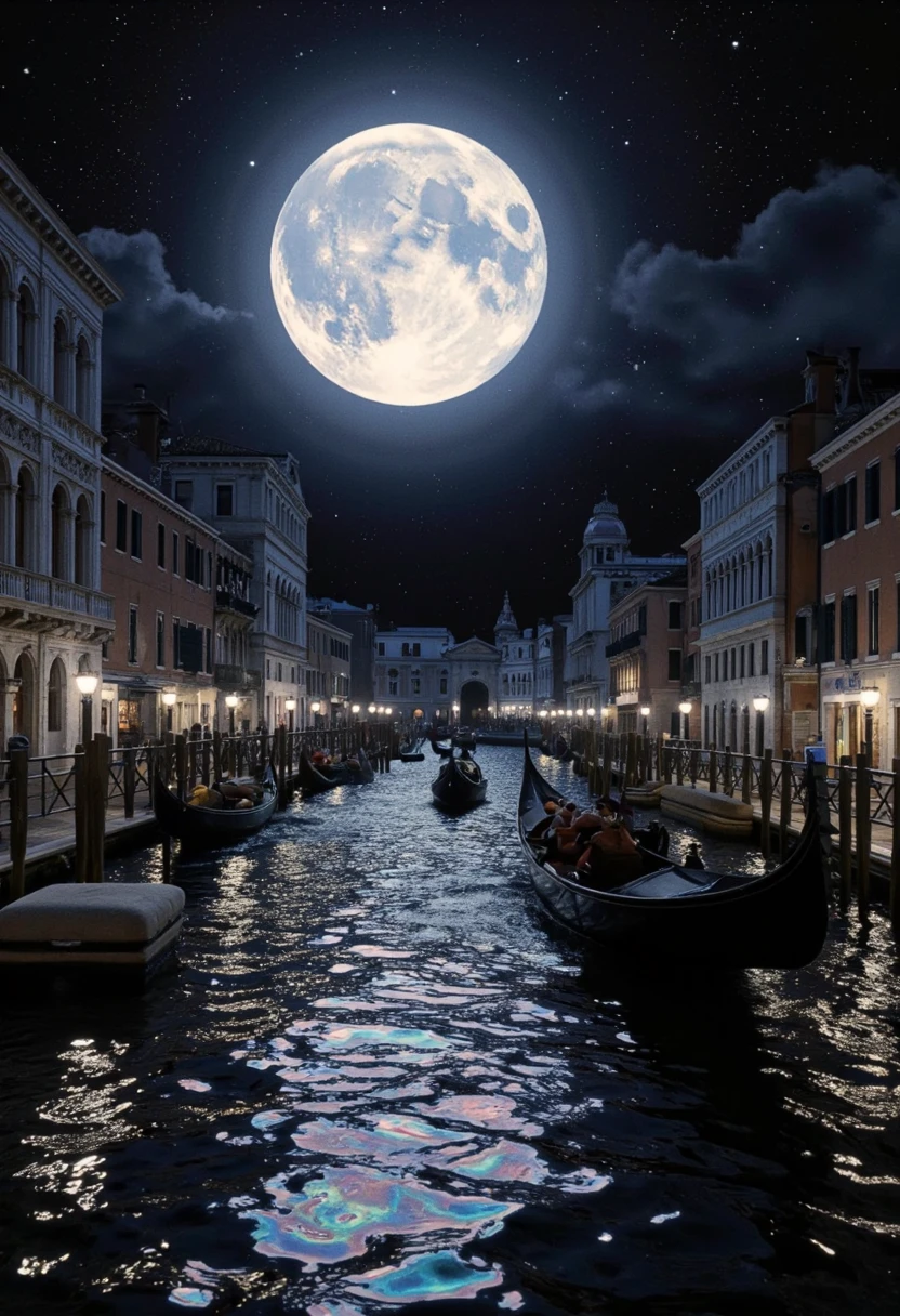 A world of black diamond color, a world where everything is iridescent black, a scene of the waterways of Venice illuminated by a huge full moon, fusion of watercolor, acrylic and collage, conceptual installation art