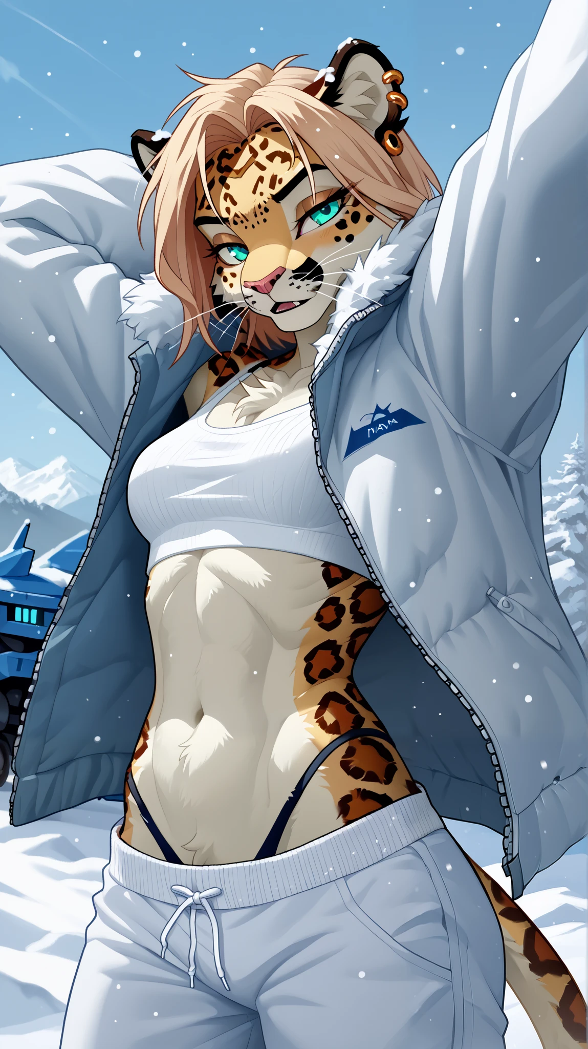 (zPDXL2), (PonyXLV6_Scores), Expressiveh, three-quarter portrait, BREAK
lhata4564, d3t41l3d, 
((solo, Anthro, Furry, mecha-jaguar)) , slim, ear piercing, (underwear), (stretching, seductive pose)), snow, clouds, shiny, sunny, looking at viewer
