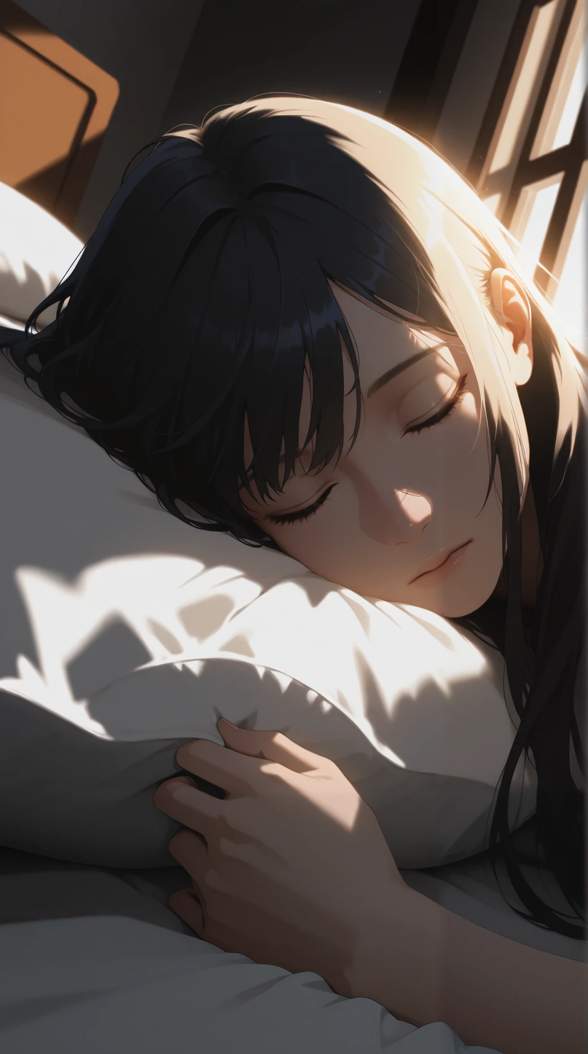 Realistic style, cinematic lighting , a young man is laying down on his bead near the window as light shines on his face, the young man has black long hair and is sleeping on his bed