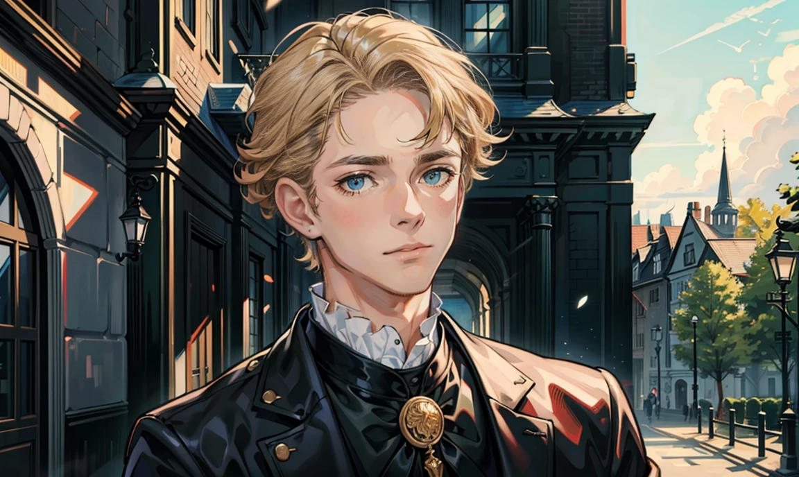 (masterpiece, best quality), 1 male, 26 years old:1.4, tall slender guy, finely detailed eyes and detailed face and detailed clothing, intricate details, realistic, curly medium-length blond hair:1.7, dark eyes:1.4, rincredibly beautiful face:1.5, professionally-dressed in a Victorian-era men's clothes:1.4, teacher:1.4, long eyelashes:1.5, has a blushing coy expression on his face:1.7, looking at viewer:1.5, standing outside a secondary-school building, surrounded by trees.