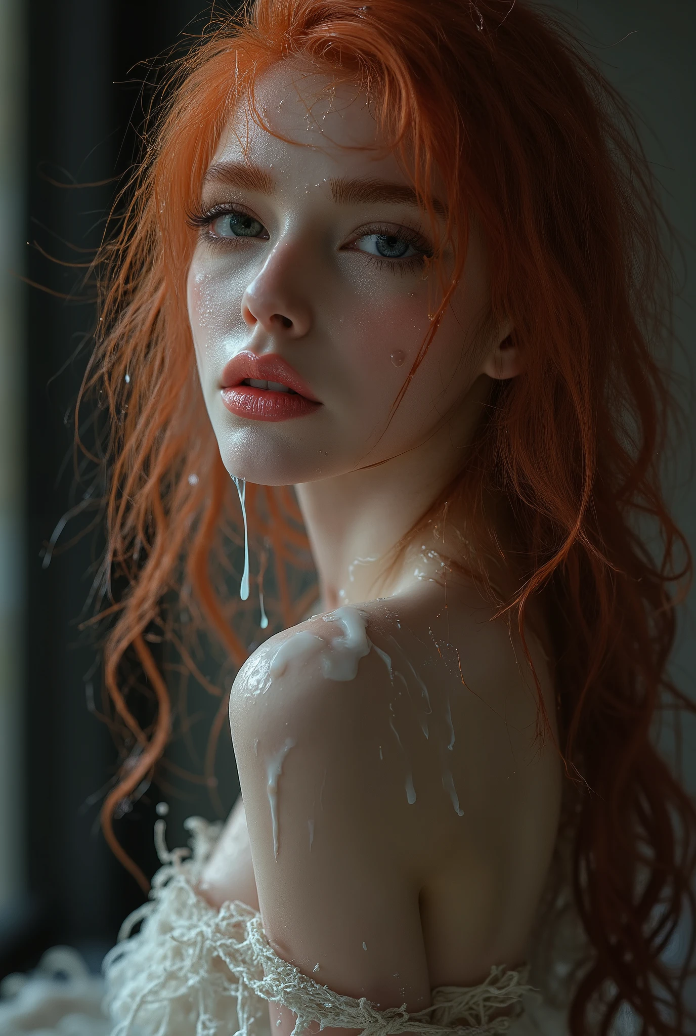 Woman . Beautiful long red curly hair, beauty slim figure, she is naked, amazing skinny slim fit body, warm delicate light, super realistic face and body, We see face and small breast from the slim wait and up, The woman is beautifully and artistically tied with a rope as in the Japanese Shibari technique, Cumface with lots of white, sticky, wet, Here Mouth is slitly open and she got Cum in here mouth, white transucent cum all over here face, (Cum on face), Cum on forehead, Dripping cum, the woman stands facing the viewer., Style your photo like 70's magazines in the style of Playboy. 16K vintage quality, Beautiful depth of focus.