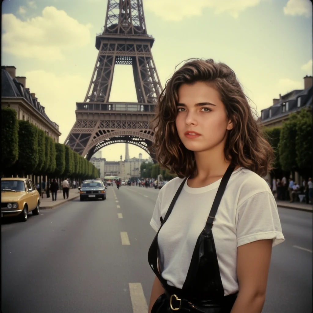 A polaroid photograph of a young Italian teenager, upturned nose, straight long hair, dressed in a white T-shirt and a black high closure long dress standing in a street in Paris, with the Eiffel tower in the background, in the early 1980s, photorealistic, 1girl, bokeh, high quality, detailed features, photo-realistic, realistic, 4k, 8k, highres, indirect gaze, Polaroid, cinematic photo, photo from a family album, beautiful hyperrealism hyperdetailed, dressed in clothes