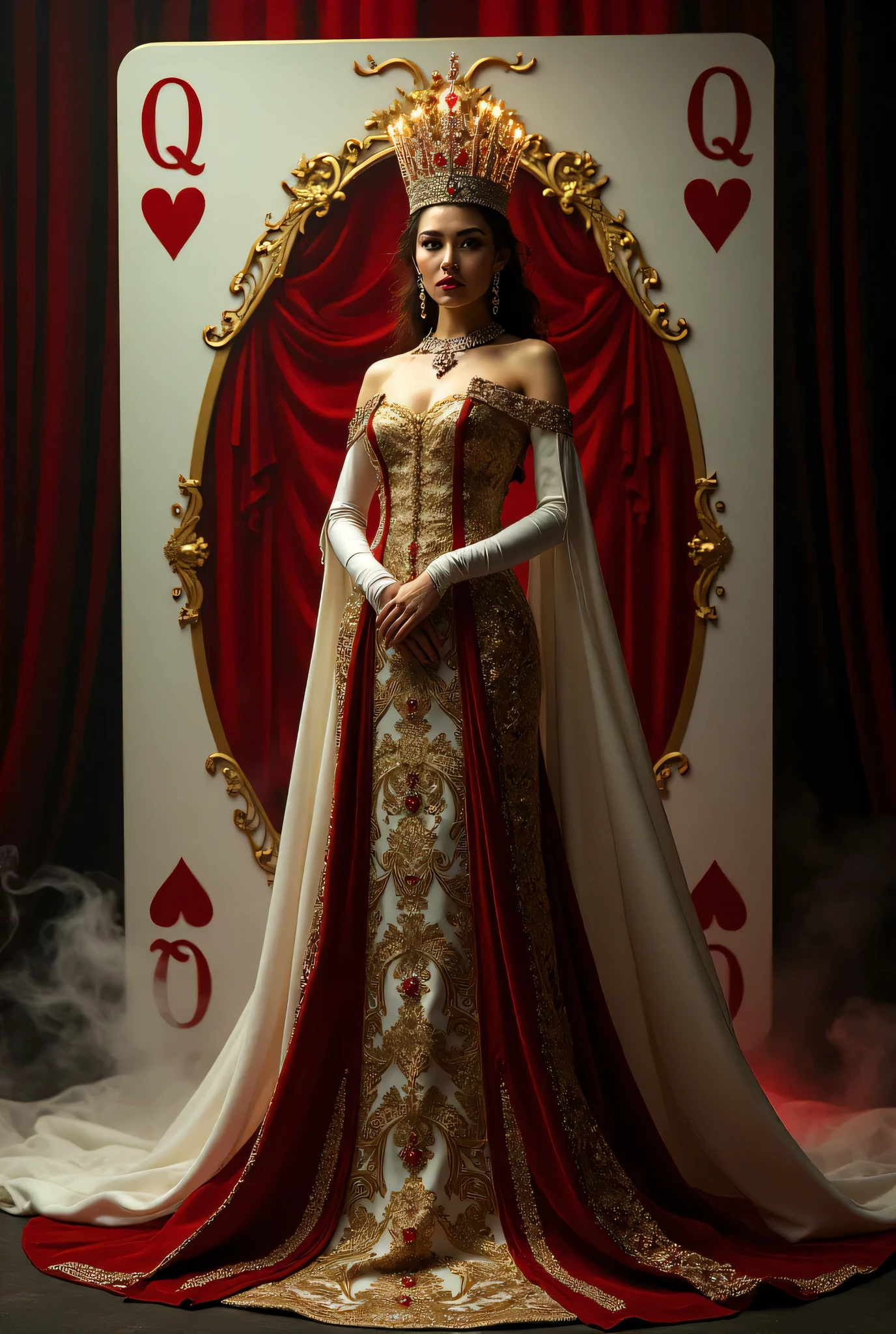 A majestic queen dressed in a regal gown inspired by the Queen of Hearts, standing confidently in front of a giant playing card featuring the heart suit. Her gown is intricately designed with gold embroidery, heart motifs, and a dramatic red and white color scheme. She wears a glowing golden crown encrusted with rubies and diamonds, exuding royal power. The background features a gradient of deep red to black, resembling a velvet curtain, with a faint magical mist swirling around. The edges of the playing card are polished and gilded, radiating elegance. The queen’s pose is graceful, with a flowing train decorated with card suit symbols. Add a surreal reflection of her face subtly in the card design, and ensure the overall scene feels mystical and enchanting.