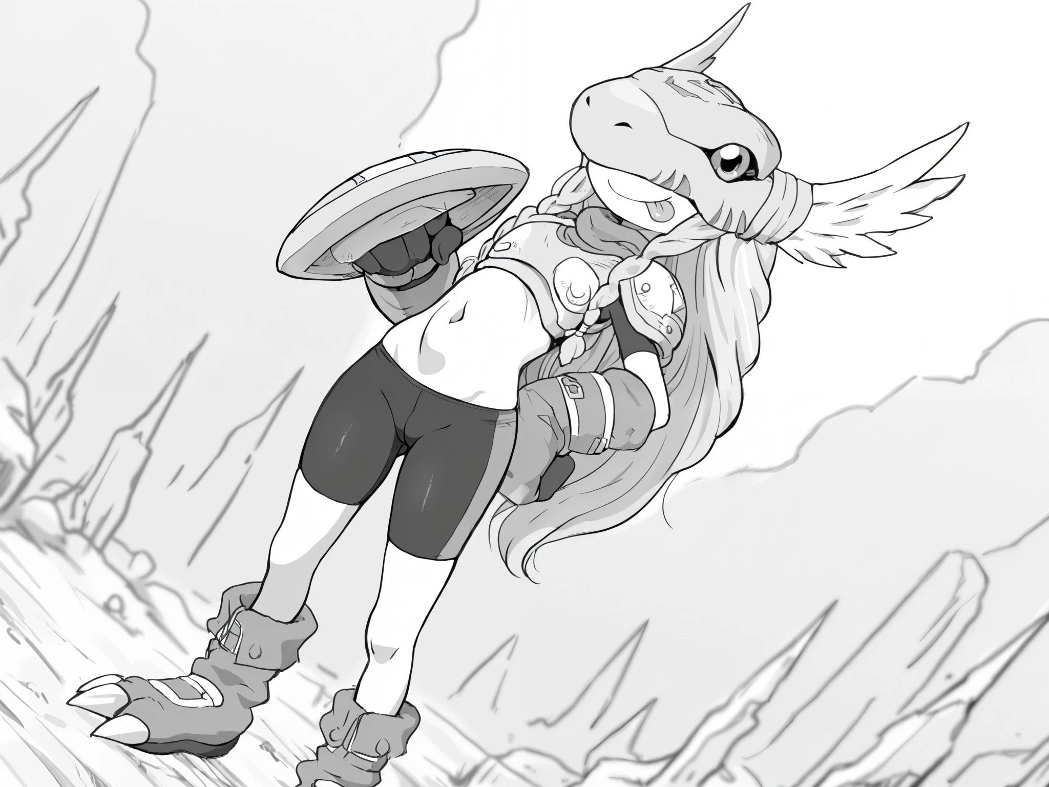 monochrome, greyscale, masterpiece, best quality, amazing quality, very aesthetic, high resolution,
Mangamast3r, high detail, Smooth, sharp lines, score_9, score_8_up, uncensored, detailed, masterpiece, Minervamon, 1girl, solo, long hair, smile, gloves, navel, weapon, braid, tongue, midriff, sword, tongue out, armor, twin braids, helmet, bike shorts, :p, cropped legs, shield, covered eyes, digimon (creature), winged helmet, full body, tongue out, 1 girl, 1 character, solo, dutch angle, outdoors, stomach, hip bones, hand on hip, smug