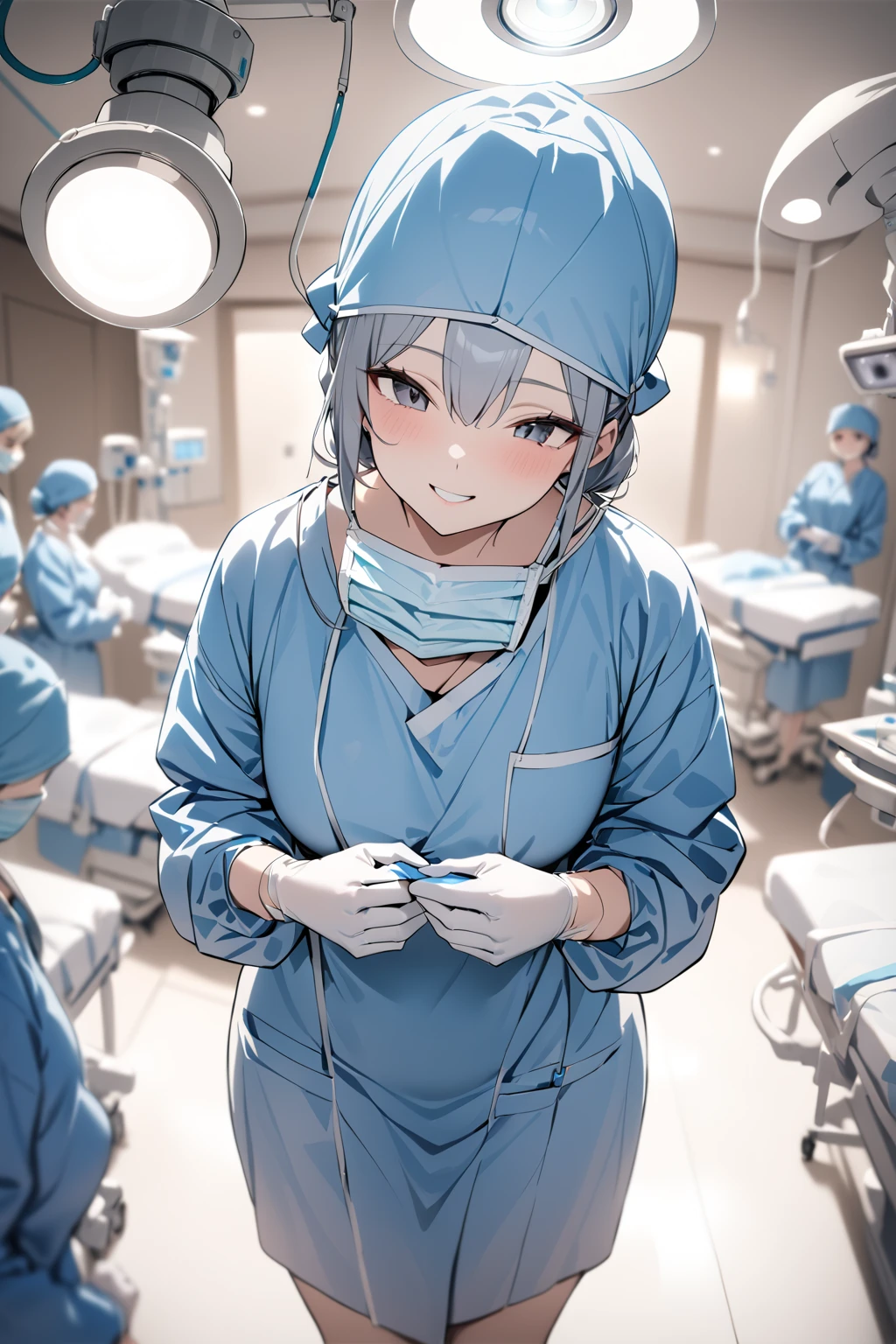 ( RAW photos ,  best quality ),  2 girls outside,  smile,  long sleeve surgical gown , surgical  mask ,   Surgical Gloves, Surgical Cap,   Operating Room,  surgical overhead light,  blurry background ,  Focused ,  I'm palpating my abdomen
 surgical _ mask , Masterpiece,  best quality ,