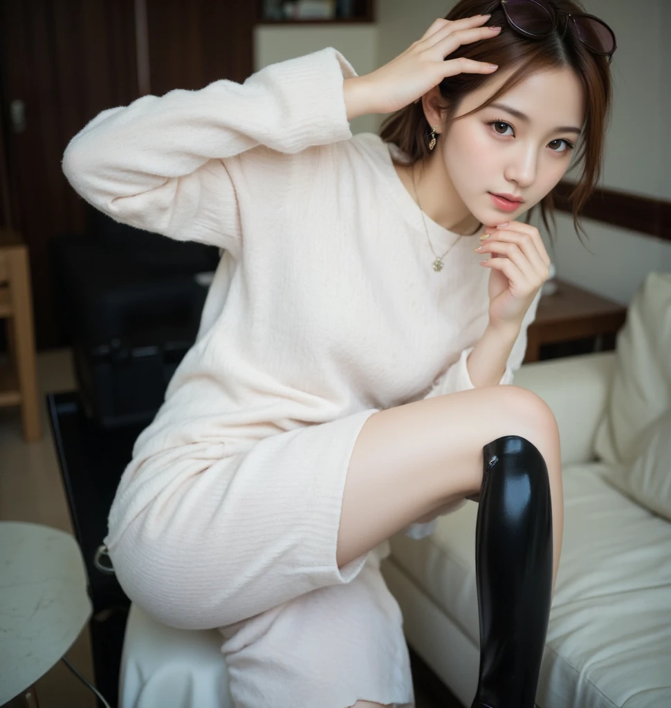  , Cute Thai woman , 20 years old, White skin, Good shape, horsehair,  unclothed ,  nude, Smile brightly,   sitting gracefully on the living room sofa.,  looking at the camera  , โพสท่า ทั่วไป, Show slender legs .  Her breasts were shown to the audience  , หน้าอก nude  , Sunglasses on my hair,   wearing a necklace and earrings  ,   wearing a bracelet with colorful nails  , , wear high-heeled shoes, ( Full Body Image ),  black high heels ,  Sneakers, Sports shoes