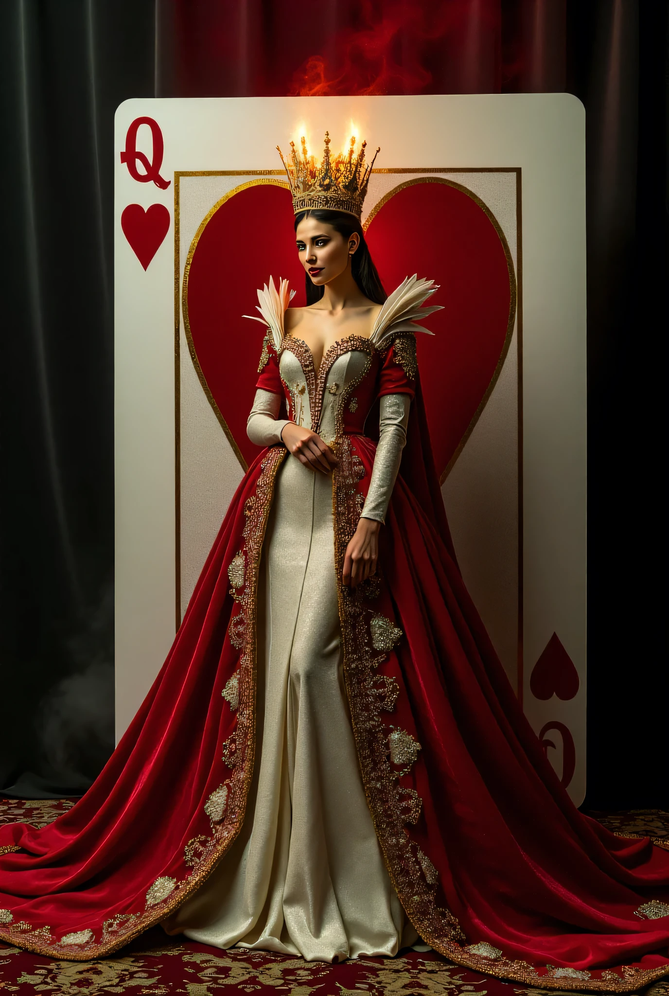 A majestic queen dressed in a regal gown inspired by the Queen of Hearts, standing confidently in front of a giant playing card featuring the heart suit. Her gown is intricately designed with gold embroidery, heart motifs, and a dramatic red and white color scheme. She wears a glowing golden crown encrusted with rubies and diamonds, exuding royal power. The background features a gradient of deep red to black, resembling a velvet curtain, with a faint magical mist swirling around. The edges of the playing card are polished and gilded, radiating elegance. The queen’s pose is graceful, with a flowing train decorated with card suit symbols. Add a surreal reflection of her face subtly in the card design, and ensure the overall scene feels mystical and enchanting.