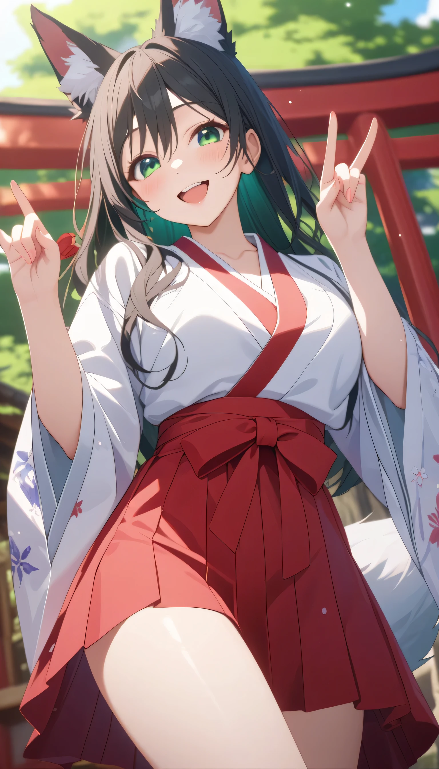 ultra-detailed)), (highly detailed CG illustration), (best quality:1.2), ultra-highly detailed, colorful composition, artistic photoshoot, score_9, score_8_up, 1girl, solo focus, amagamiyae, from below, 1girl, fox_ears, black hair, green eyes, red ribbon, hair ribbon, fox_tail, japanese clothes, miko, hakama skirt, red hakama, white kimono, ample breasts, wide sleeves, looking at viewer, happy smile, open mouth, drunk, dancing, double_fox_shadow_puppet, hands_up, torii, shrine, portrait, depth of field, soft lighting, sidelighting, (shine), lighting, caustics, ray tracing, smile, perfect face, lustrous skin, highly detailed face, highly detailed eyes, perfect face, perfect nose, perfect hair, perfect eyes, perfect anatomy, beautiful hair, beautiful small face, extremely detailed face, beautiful detailed eyes, beautiful clavicle, beautiful body, beautiful huge breasts, leavage, breasts squeezed together, equalize the size of the left and right breasts, beautiful thin thighs, beautiful legs, beautiful fingers, 4 fingers, 1 thumb, lovely, (very detailed background:1.0), (highly detailed background:1.0), spring aesthetic, intricate details, joyful atmosphere, spring colors palette, chromatic aberration