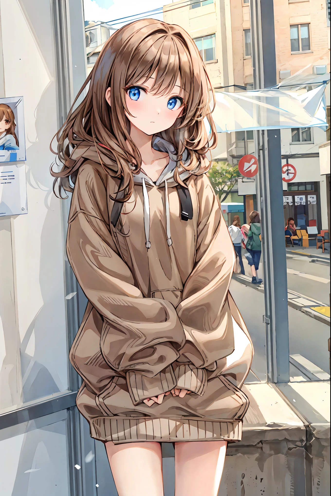  natural light,  soft smile,t half up ,  brown hair，girl in a white hoodie， has enchanting gray-blue eyes shining like stars