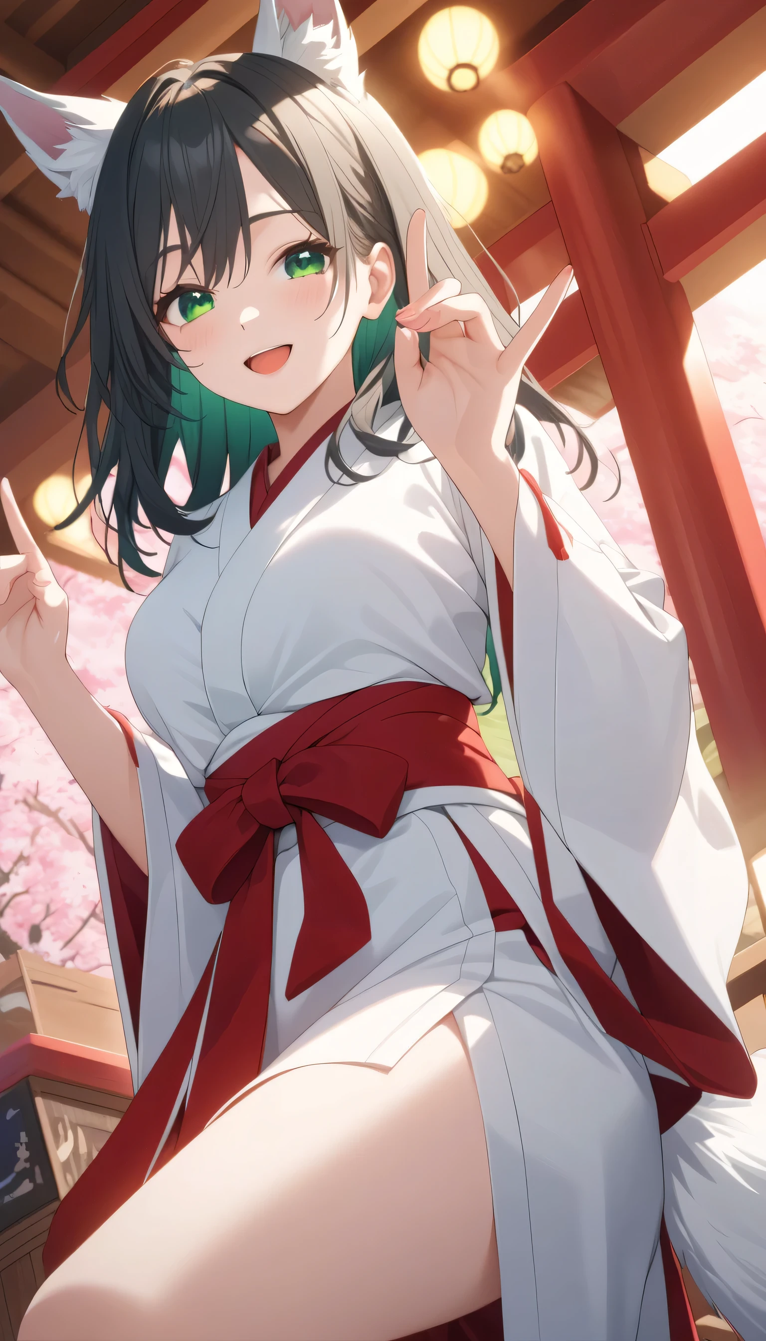 ((ultra-detailed)), (highly detailed CG illustration), (best quality:1.2), ultra-highly detailed, colorful composition, artistic photoshoot, score_9, score_8_up, 1girl, solo focus, amagamiyae, from below, 1girl, white fox_ears, black hair, green eyes, red ribbon, hair ribbon, white fox_tail, japanese clothes, miko, hakama skirt, red hakama, white kimono, ample breasts, wide sleeves, looking at viewer, happy smile, open mouth, drunk, dancing, double_fox_shadow_puppet, hands_up, torii, shrine, portrait, depth of field, soft lighting, sidelighting, (shine), lighting, caustics, ray tracing, smile, perfect face, lustrous skin, highly detailed face, highly detailed eyes, perfect face, perfect nose, perfect hair, perfect eyes, perfect anatomy, beautiful hair, beautiful small face, extremely detailed face, beautiful detailed eyes, beautiful clavicle, beautiful body, beautiful huge breasts, leavage, breasts squeezed together, equalize the size of the left and right breasts, beautiful thin thighs, beautiful legs, beautiful fingers, 4 fingers, 1 thumb, lovely, (very detailed background:1.0), (highly detailed background:1.0), spring aesthetic, intricate details, joyful atmosphere, spring colors palette, chromatic aberration