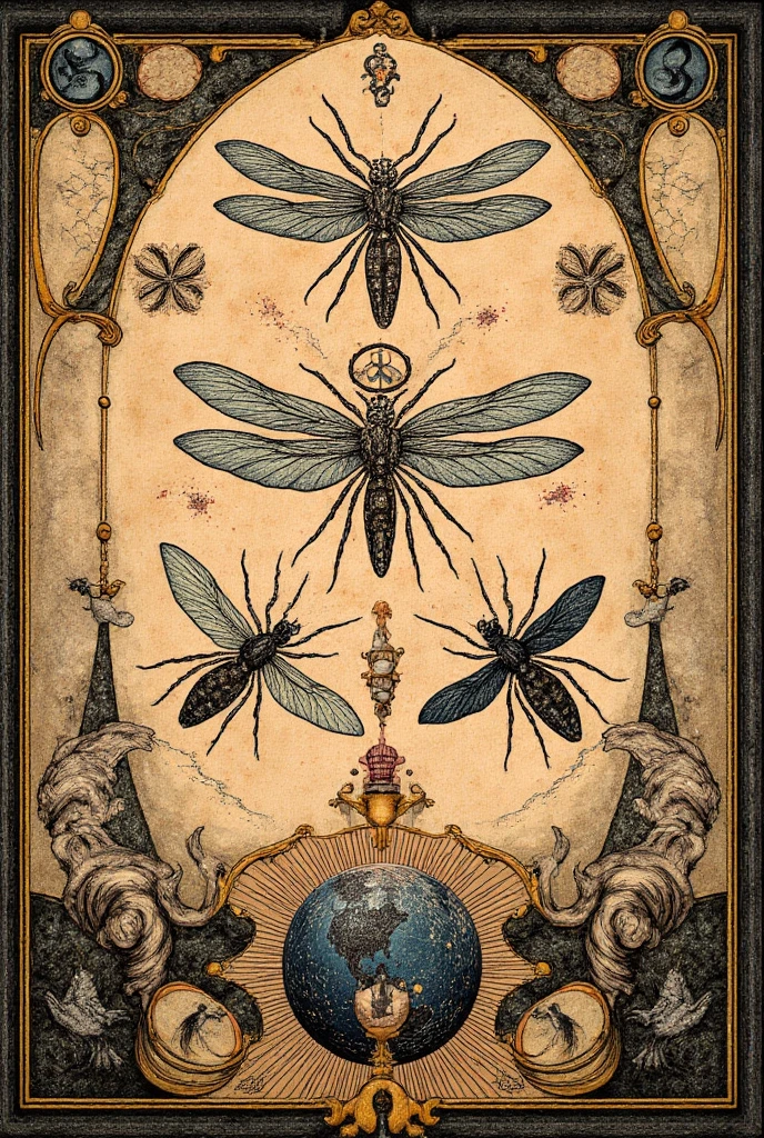 <lora:Maria Sibylla Merian Style:1>Maria Sibylla Merian Style - an old world wallpaper design with black background animals including racoons, squirrels, bears stags, rabbbits bees, sharks and octopus flora fauna theme in style of Salvador dali oil painting