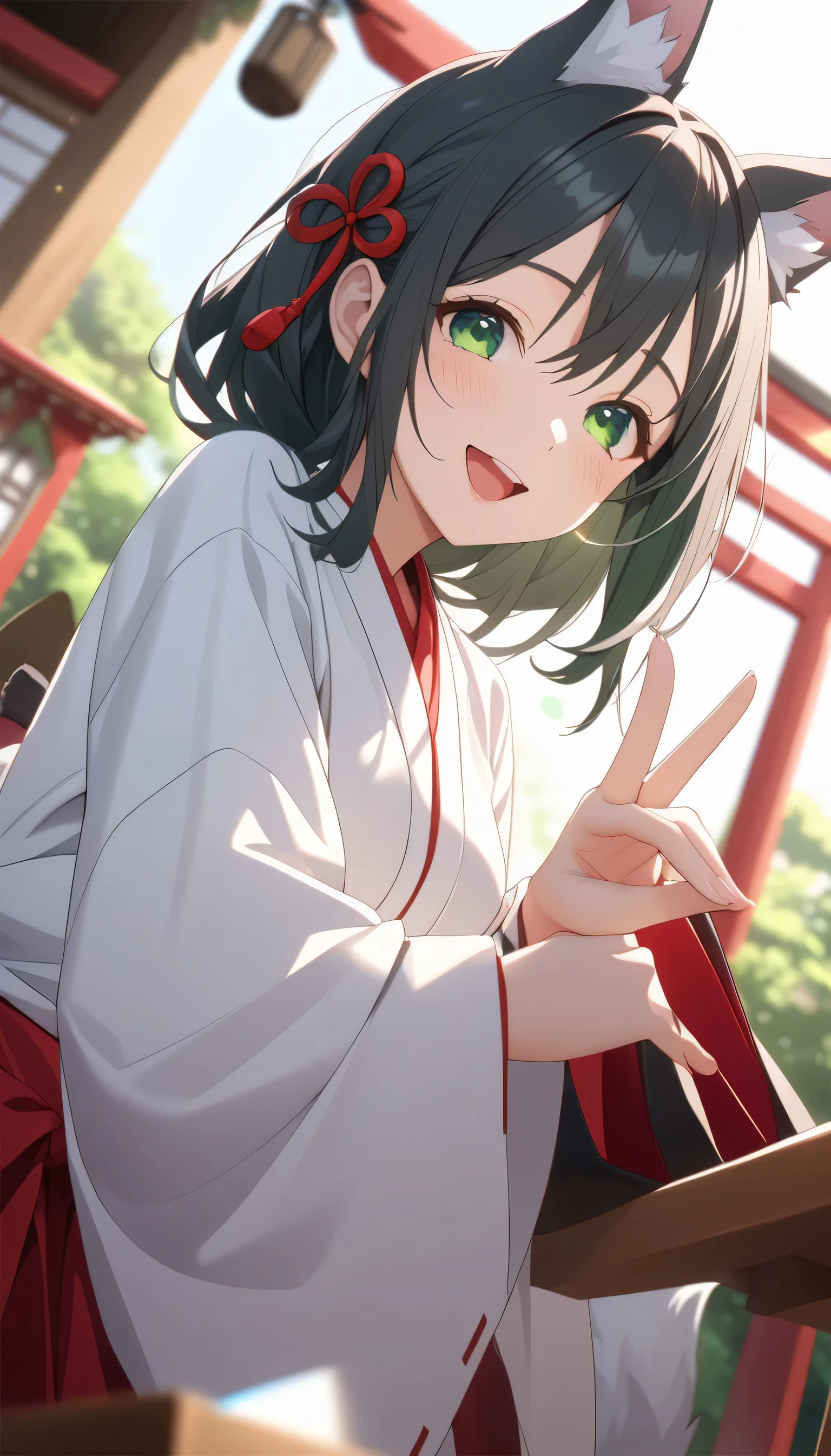 ((ultra-detailed)), (highly detailed CG illustration), (best quality:1.2), ultra-highly detailed, colorful composition, artistic photoshoot, score_9, score_8_up, 1girl, solo focus, amagamiyae, from below, 1girl, white fox_ears, black hair, green eyes, red ribbon, hair ribbon, white fox_tail, japanese clothes, miko, hakama skirt, red hakama, white kimono, ample , wide sleeves, looking at viewer, happy smile, open mouth, drunk, dancing, double_fox_shadow_puppet, hands_up, torii, shrine, portrait, depth of field, soft lighting, sidelighting, (shine), lighting, caustics, ray tracing, smile, perfect face, lustrous skin, highly detailed face, highly detailed eyes, perfect face, perfect nose, perfect hair, perfect eyes, perfect , beautiful hair, beautiful small face, extremely detailed face, beautiful detailed eyes, beautiful clavicle, beautiful body, beautiful , leavage, squeezed together, equalize the size of the left and right , beautiful thin thighs, beautiful legs, beautiful fingers, 4 fingers, 1 thumb, lovely, (very detailed background:1.0), (highly detailed background:1.0), spring aesthetic, intricate details, joyful atmosphere, spring colors palette, chromatic aberration