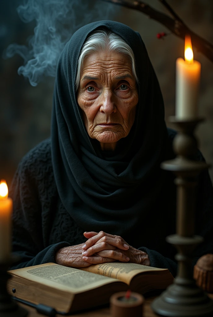 Intricate half body portrait of a very old Caucasian woman with wrinkles, illuminated by warm litted candles, with a backdrop of eerie dungeion . stunning interpretive visual, maximalist scarf and veil. f1.0lens, tilt-shift, shalllow DOF. dramatic lighting. chiaroscuro,