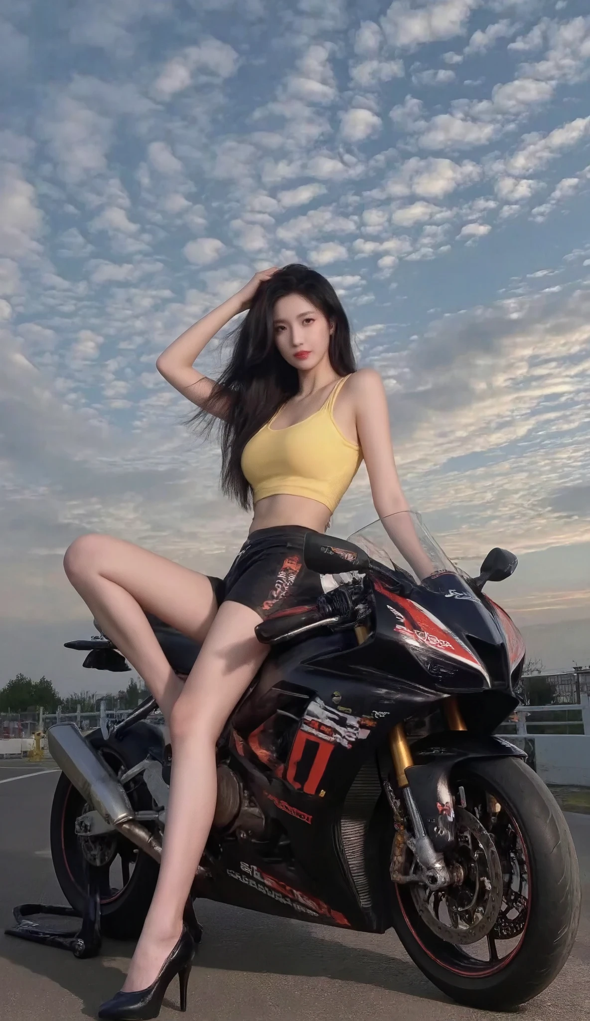 This wide-angle photograph, taken from a high angle below, captures a young Asian woman with long black hair. She is dressed in a yellow sleeveless crop top and black shorts, sitting astride a luxurious, high-end racing motorcycle. Her legs are spread out, showcasing her smooth and fair legs. The background features the evening sky with stunning clouds, emphasizing her free and unrestrained personality. The image is free of watermarks, allowing the viewer to fully immerse in the scene.