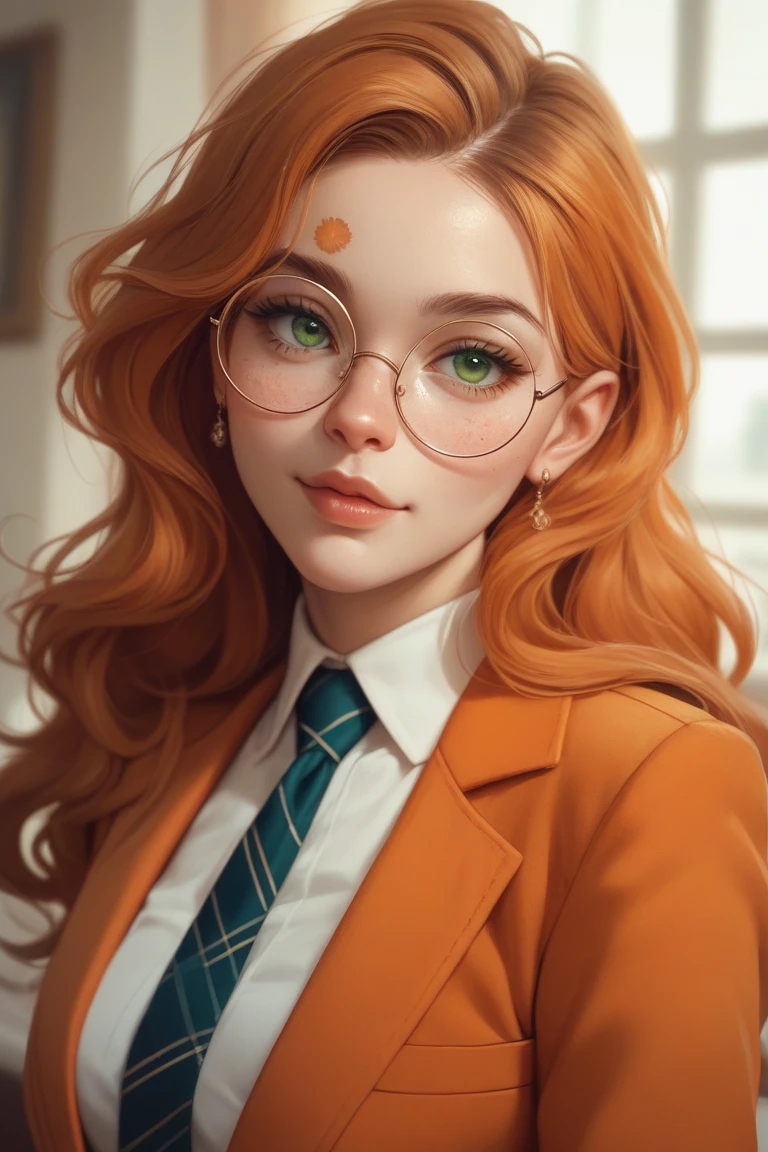 The girl with orange long hair,  with green eyes ,  The birthmark under her right eye , round glasses,  orange suit 