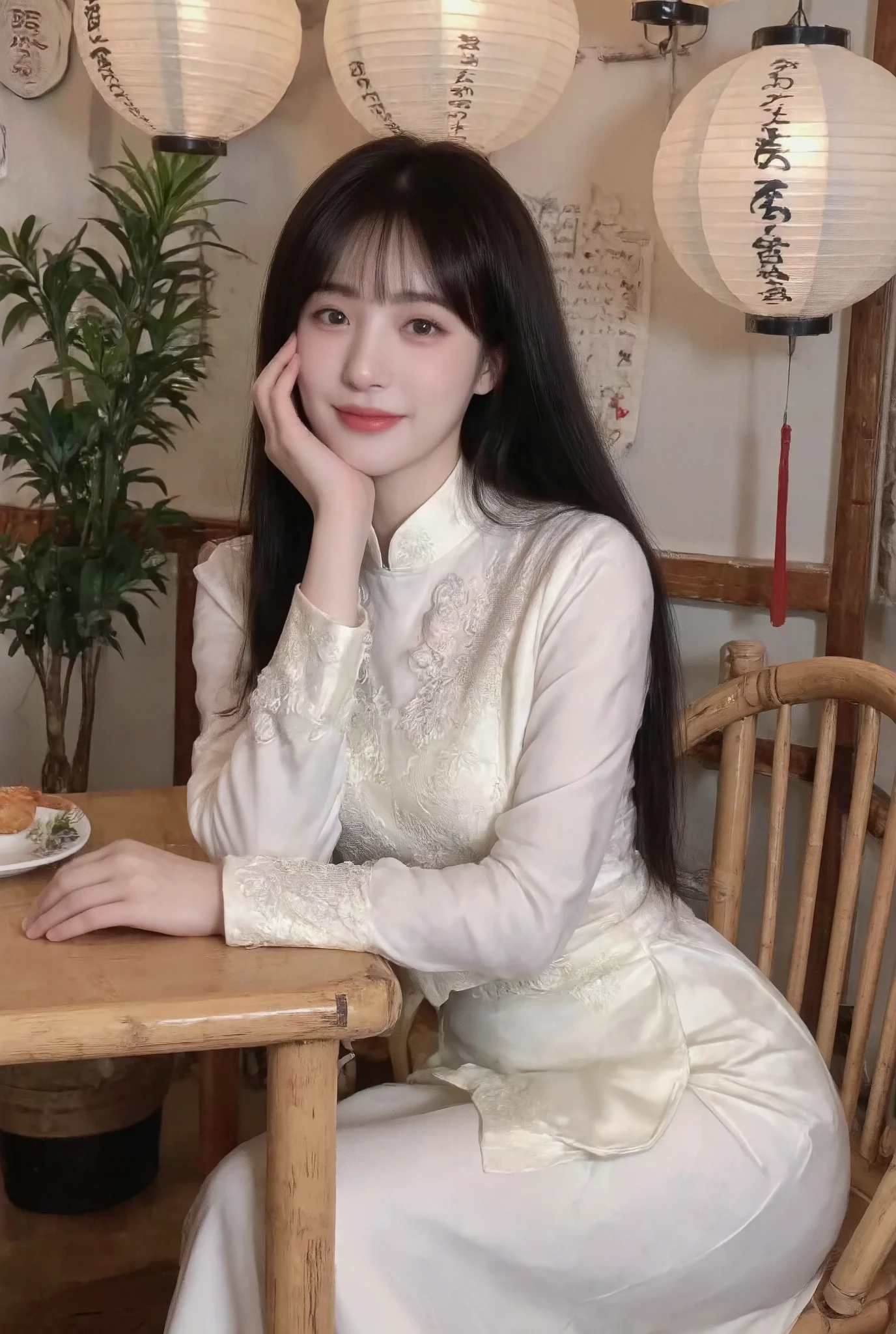 A young Asian woman with fair skin and a slender physique is sitting at a wooden table in a bamboo chair. She has long,straight black hair and is wearing a traditional white blouse with intricate embroidery,and a matching white skirt. She is smiling and resting her chin on her hand,looking at the camera. There are several hanging paper lanterns in the background,and a plant is visible on the left side of the image. The lighting is soft and natural,with a warm and cozy atmosphere. The overall aesthetic is traditional and rustic.,