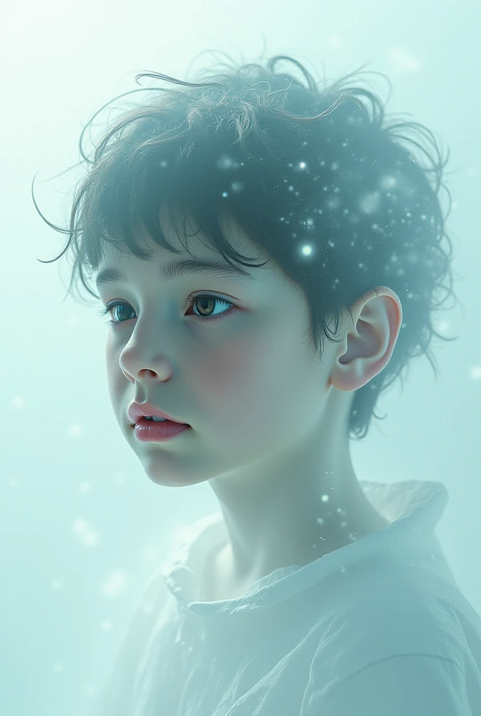 ((Highest quality)), ((masterpiece)), (detailed), night,A 4-year-old human looking to the side,eyes are hidden by bangs,Many small light-blue balls are flying around,Horror,A painting that looks like it was painted with watercolors,4 year old boy,Fantasy,mysterious