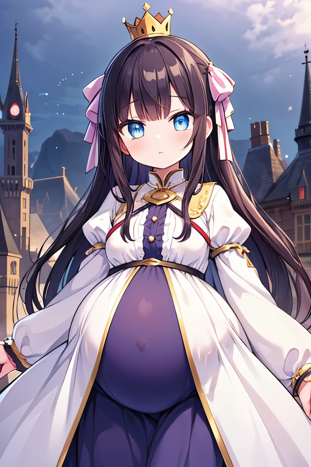 (high quality), 1girl, young girl, , li, small breast, very long dark hair, (pregnant, big pregnant, dressed pregnant), queen, queen dress, crown, hair ribbon, stand up, (comfortable expressions, detailed eyes, facing at front), fantasy, at castle